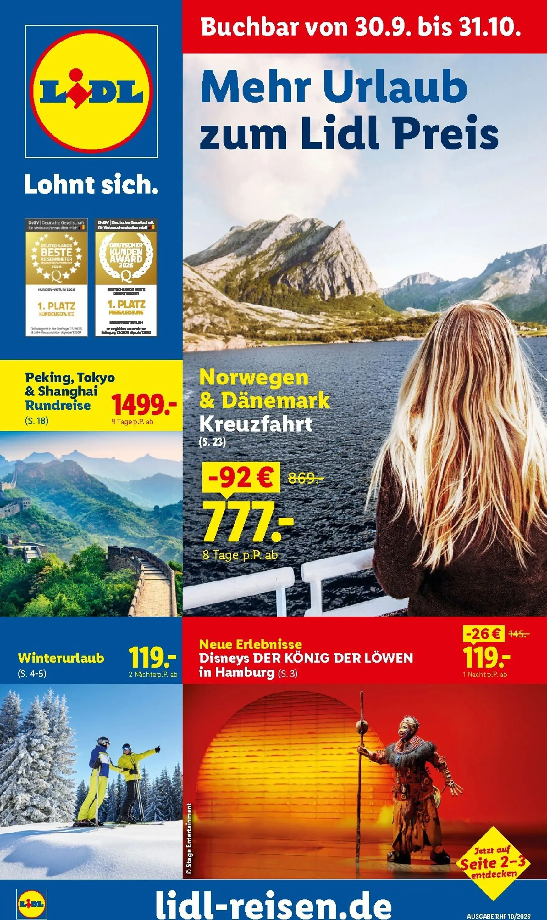 Lidl - Reise-Highlights Prospekt – von Mittwoch 30.09.2026 bis Samstag 31.10.2026 von 30. September bis 31. Oktober 2026 - Prospekt seite 1