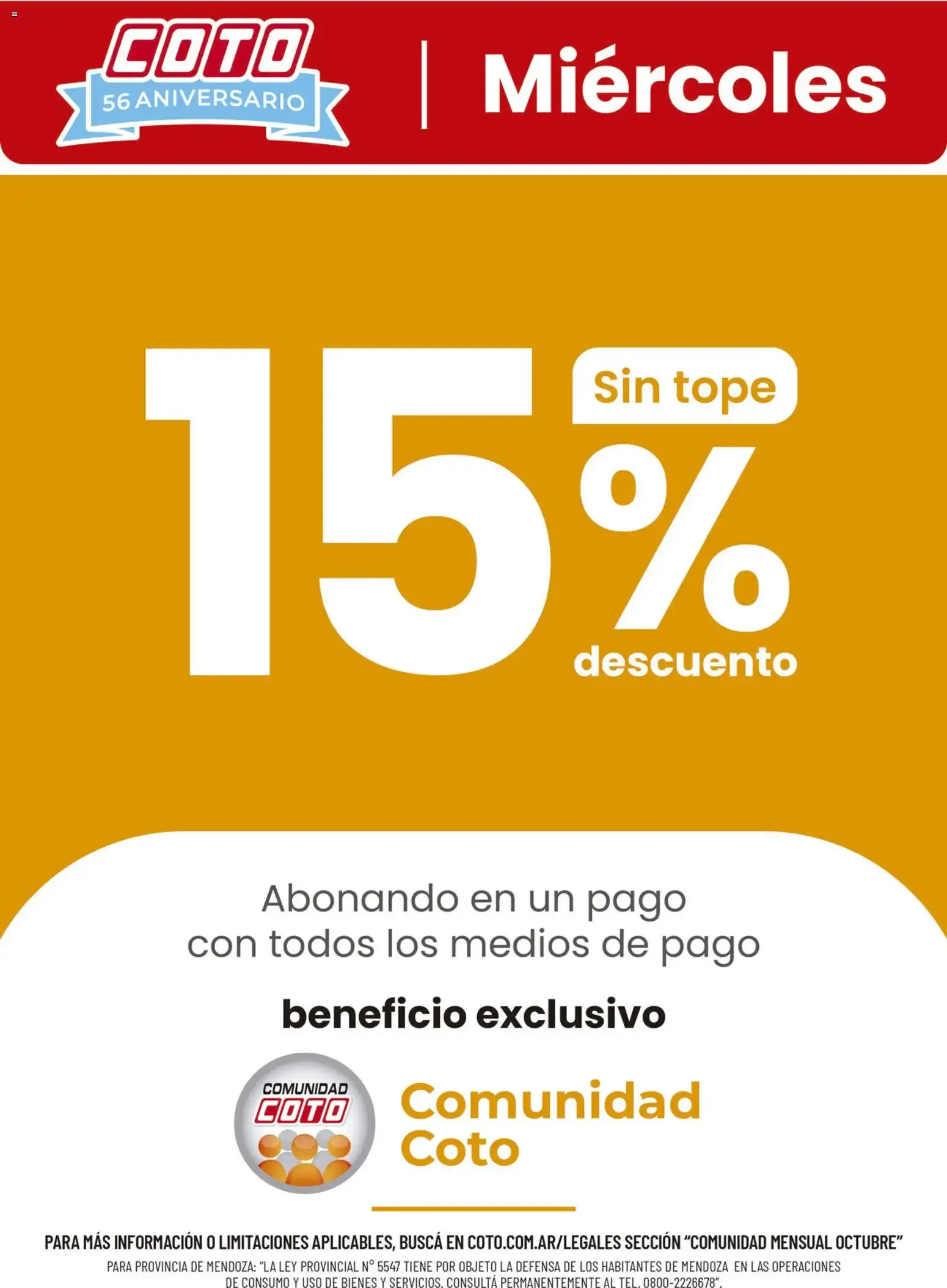 Ofertas de Coto - 15% Descuento Miércoles Comunidad Coto 56 Aniversario 6 de octubre al 31 de octubre 2026 - Página 1 del catálogo