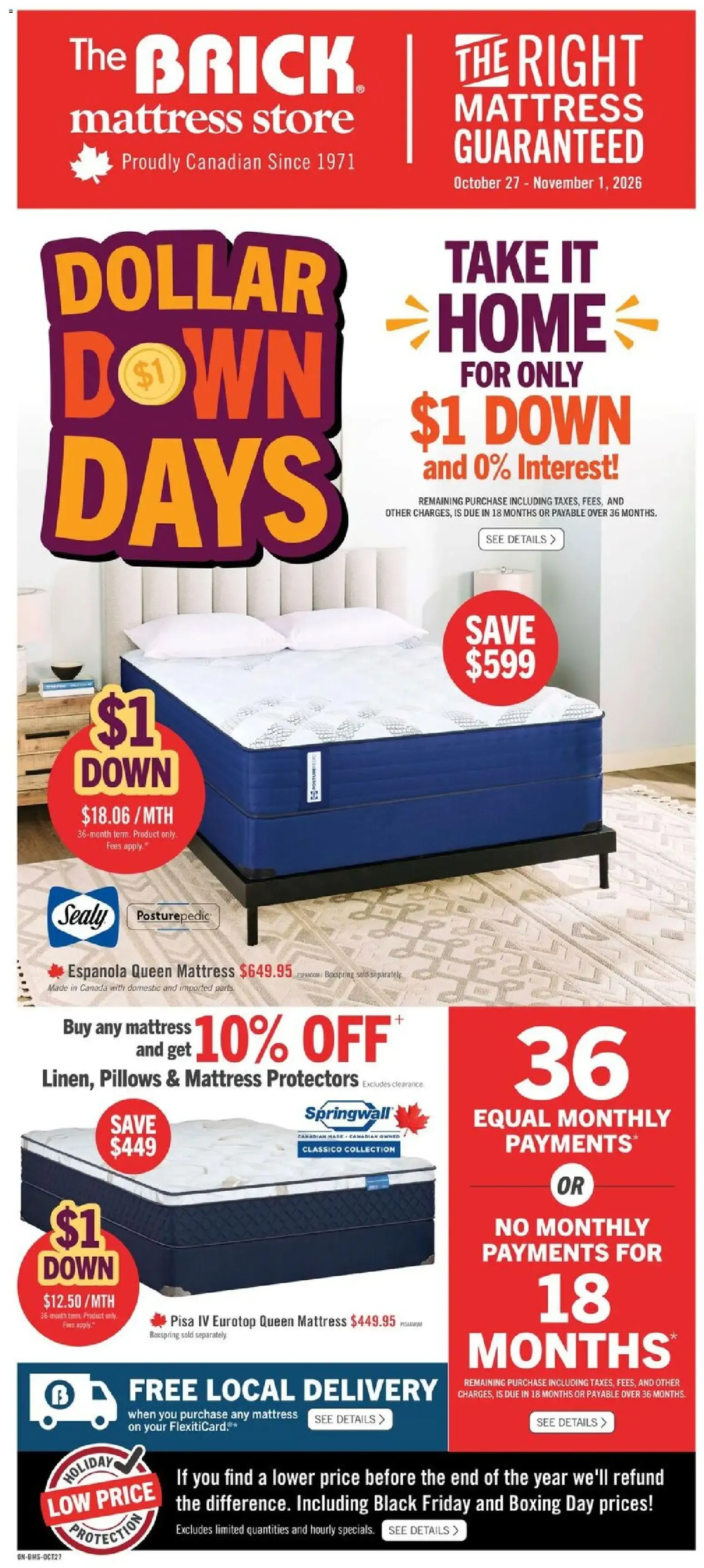 The Brick - Dollar Down Days and Take It Home for $1 Down from October 27 to November 1 2026 - flyer page 1