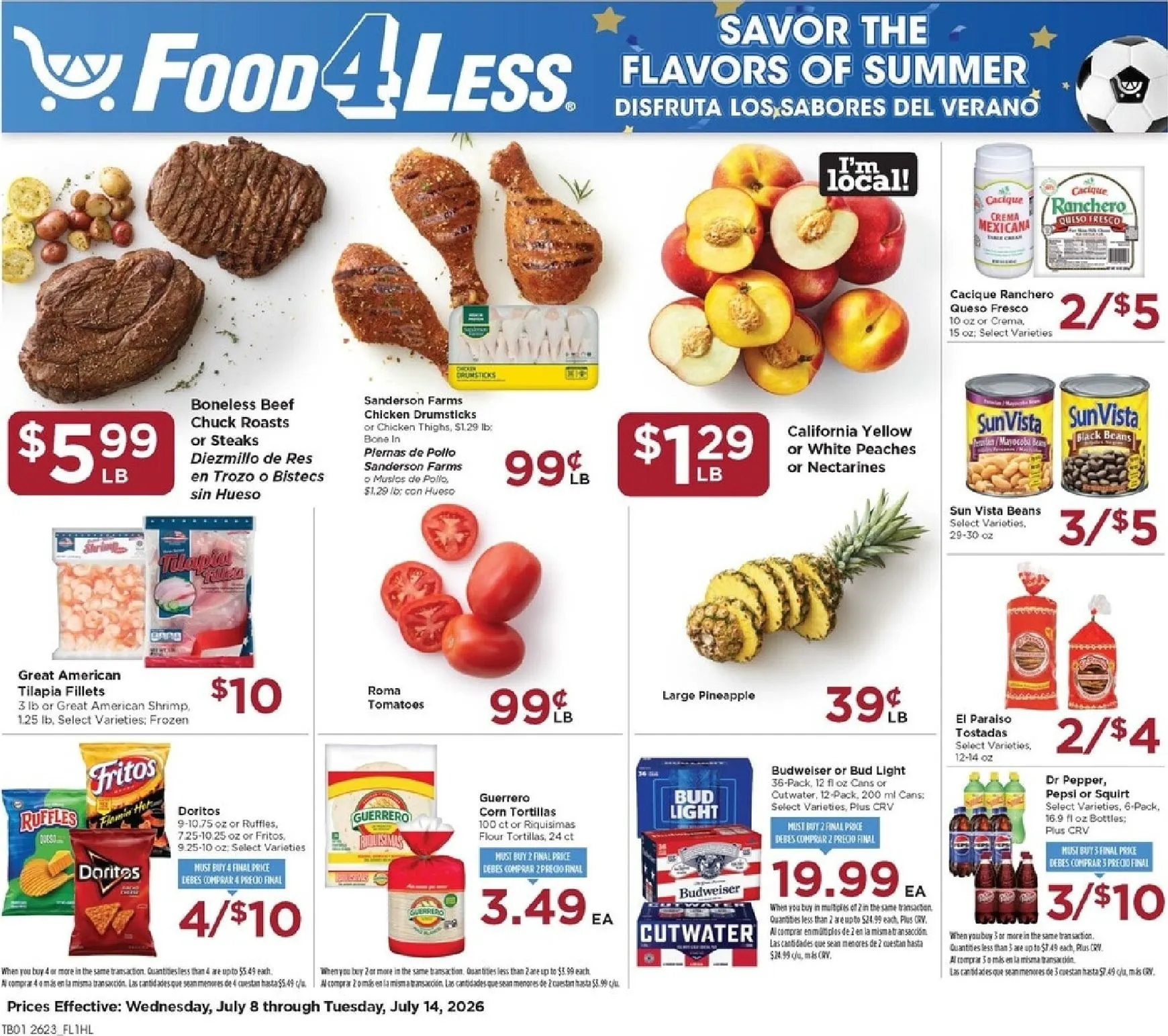 Current Food 4 Less leaflet valid from Wednesday 07/08/2026 to Tuesday 07/14/2026