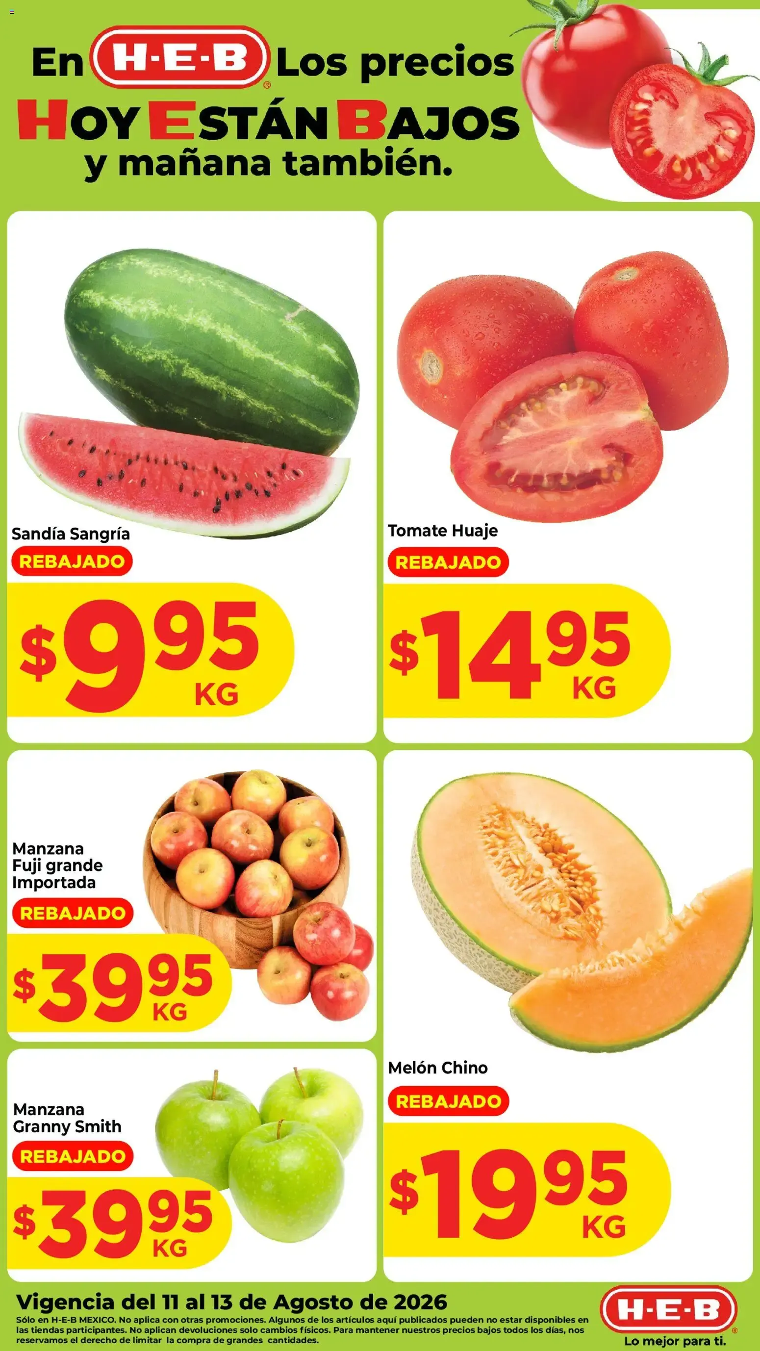 Catálogo de H-E-B: Precios bajos en frutas y verduras 11 de agosto al 13 de agosto 2026 - Pagina 1