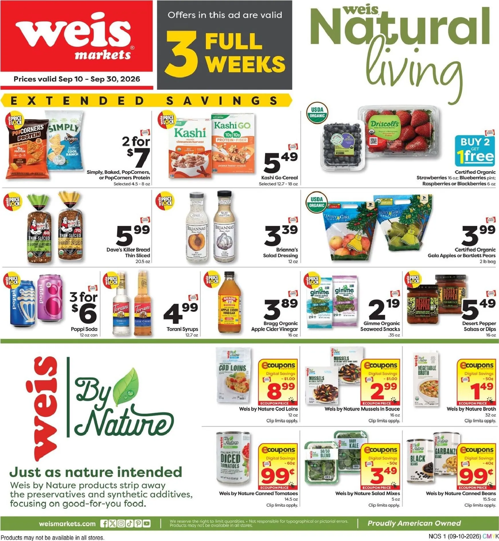 Weekly ad Current Weis Markets - Natural & Organic leaflet valid from Thursday 09/10/2026 to Wednesday 09/30/2026 from September 10 to September 30 2026 - Page 1