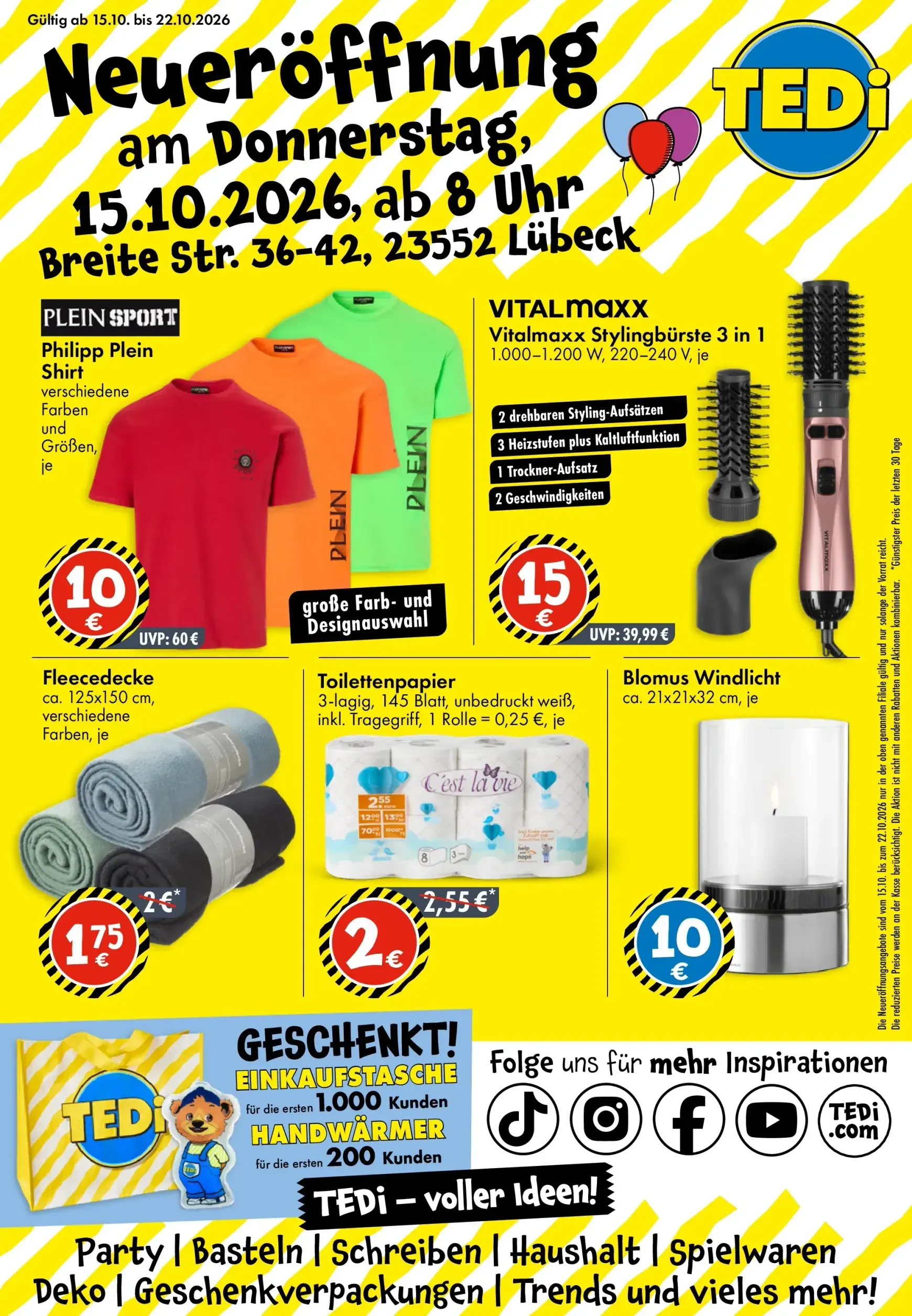 TEDi - Neueröffnung in Lübeck Prospekt nächste Woche – von Donnerstag 15.10.2026 bis Donnerstag 22.10.2026 von 15. Oktober bis 22. Oktober 2026 - Prospekt seite 1