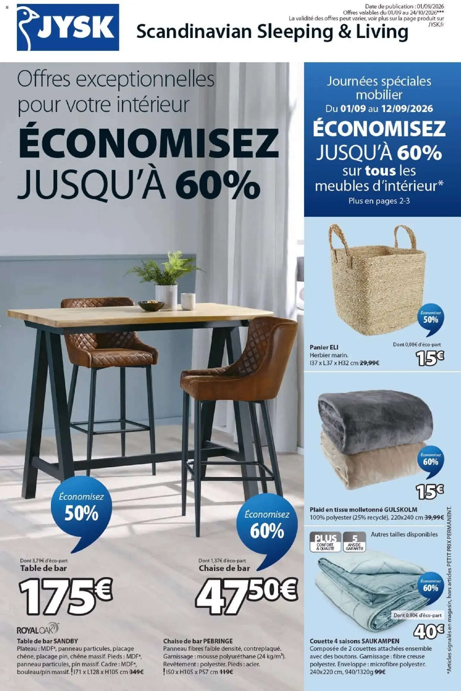 JYSK: Offres exceptionnelles et Journées spéciales mobilier - Économisez jusqu'à 60% du 1 septembre au 24 octobre 2026 - Catalogue page 1
