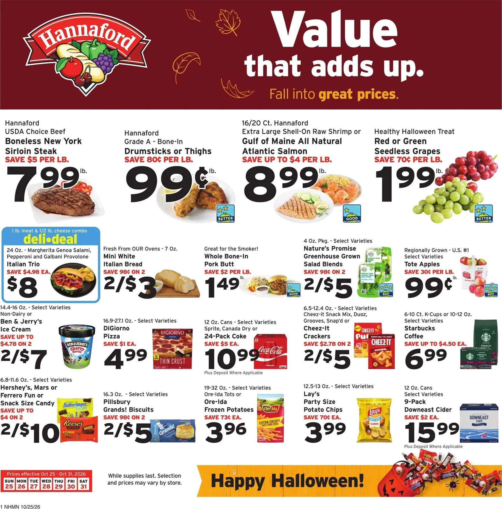 Weekly ad Hannaford Value that adds up. Fall into great prices. from October 25 to October 31 2026 - Page 1