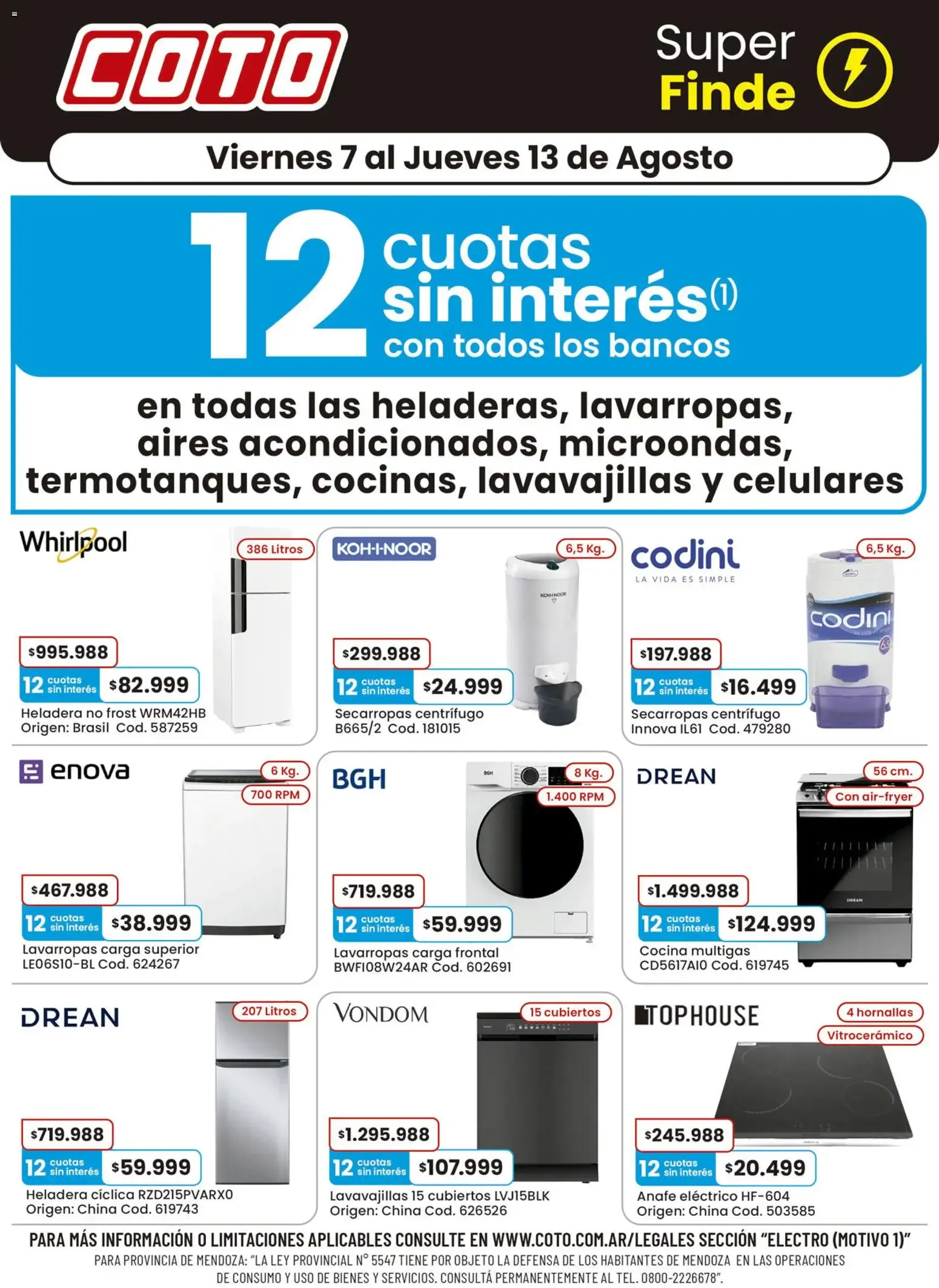 Ofertas de COTO Super Finde: 12 cuotas sin interés en electrodomésticos 7 de agosto al 13 de agosto 2026 - Página 1 del catálogo