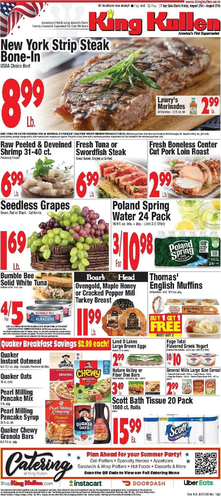 Current King Kullen leaflet valid from Friday 08/21/2026 to Thursday 08/27/2026