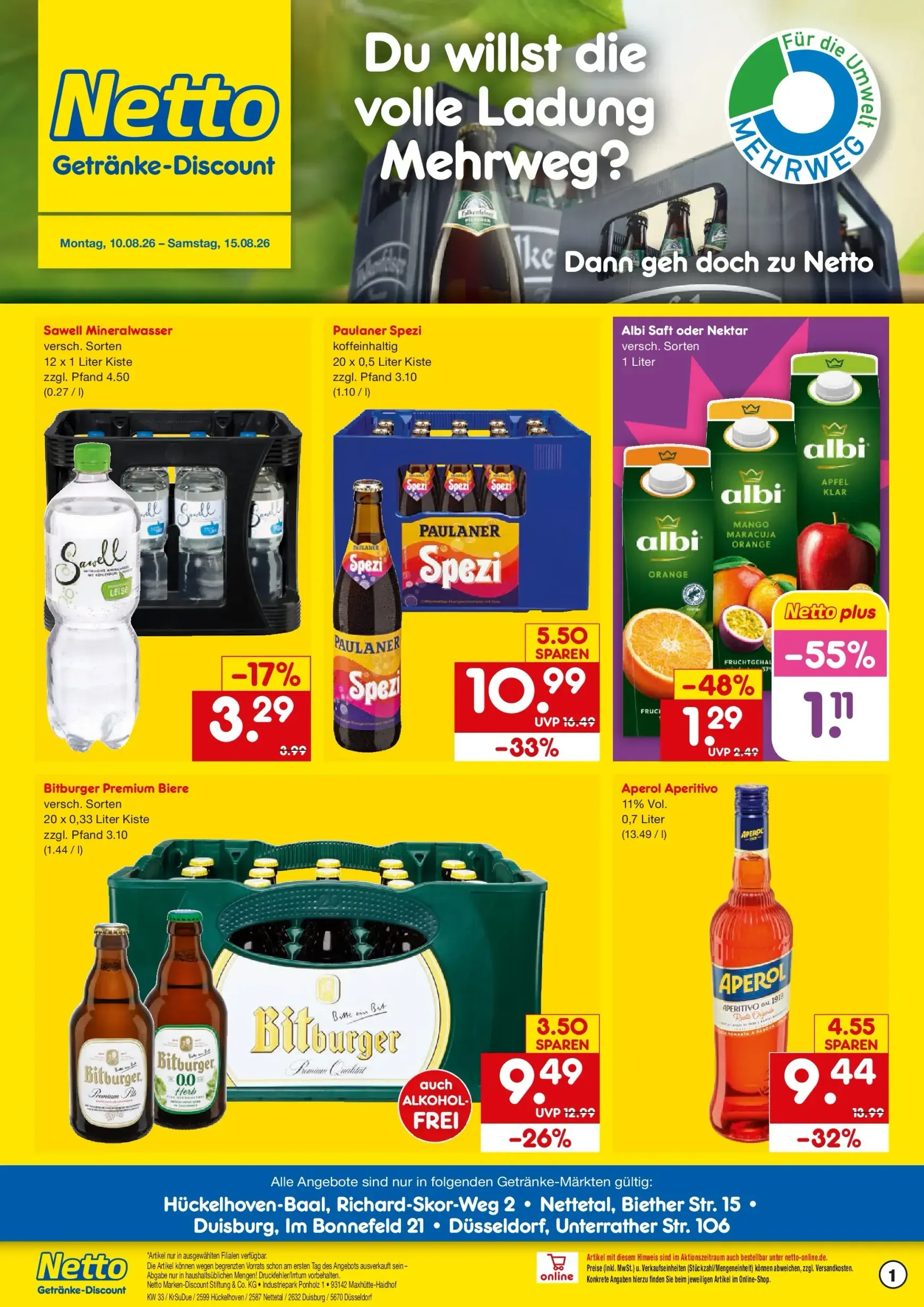 Netto Marken Discount - Hückelhoven-Baal, Nettetal, Duisburg, Düsseldorf Prospekt nächste Woche – von Montag 10.08.2026 bis Samstag 15.08.2026 von 10. August bis 15. August 2026 - Prospekt seite 1