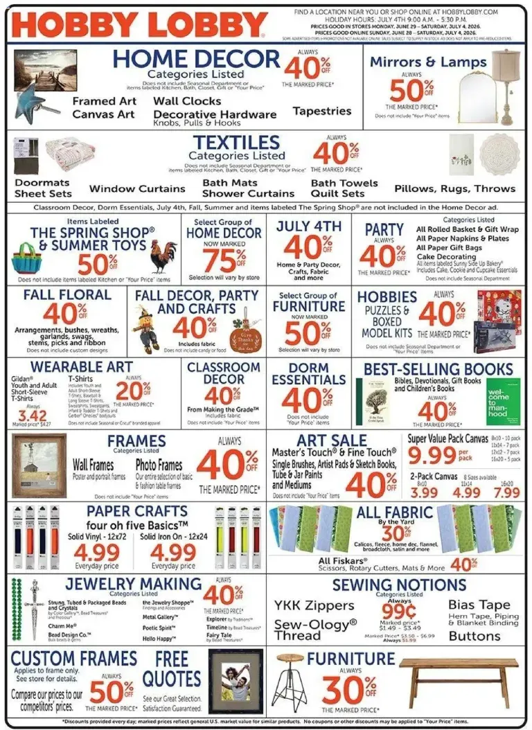Weekly ad Current Hobby Lobby leaflet valid from Sunday 06/28/2026 to Saturday 07/04/2026 from June 28 to July 4 2026 - Page 1