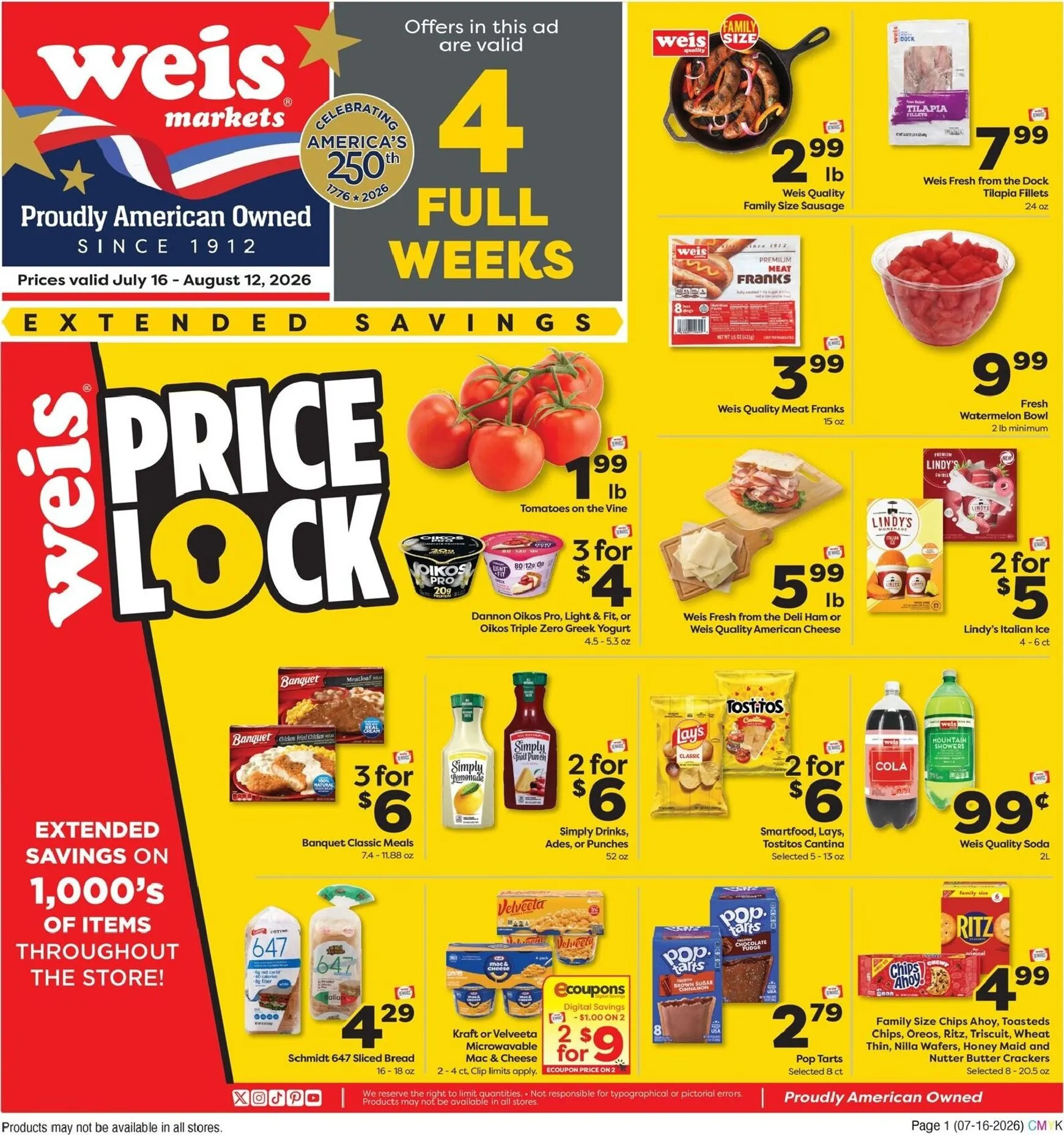 Current Weis Markets - Extended Savings leaflet valid from Thursday 07/16/2026 to Wednesday 08/12/2026