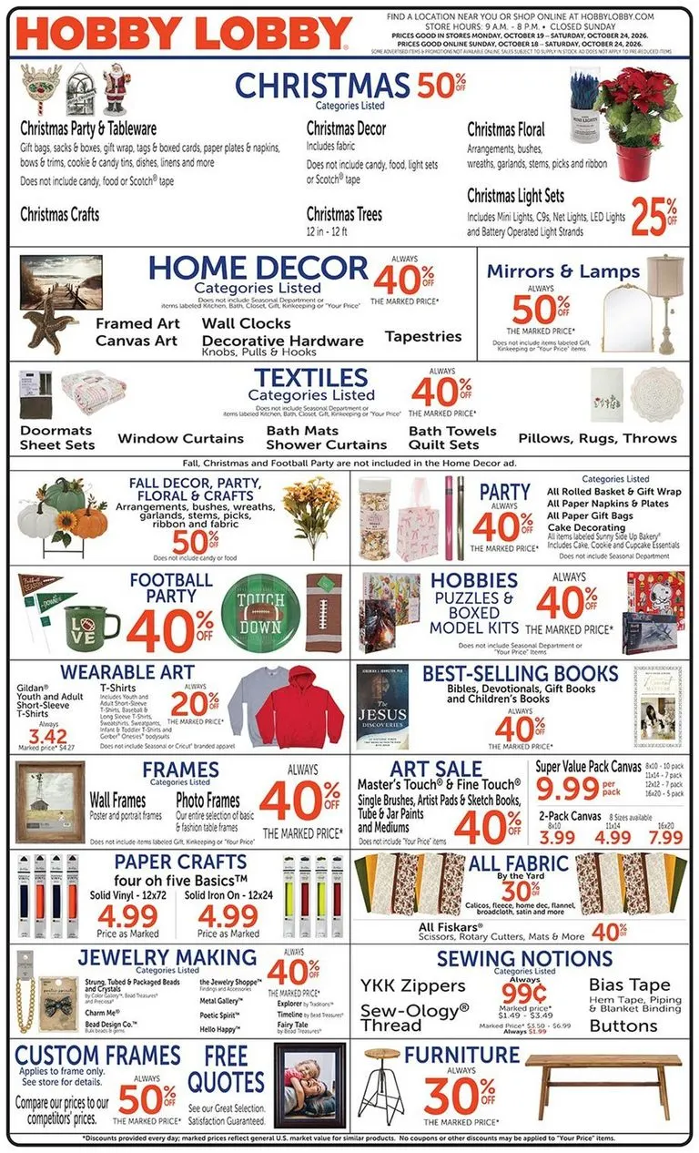 Weekly promotion Current Hobby Lobby leaflet valid from Sunday 10/18/2026 to Saturday 10/24/2026 spanning from October 18 to October 24 2026 - Page 1 for Catalogue 365