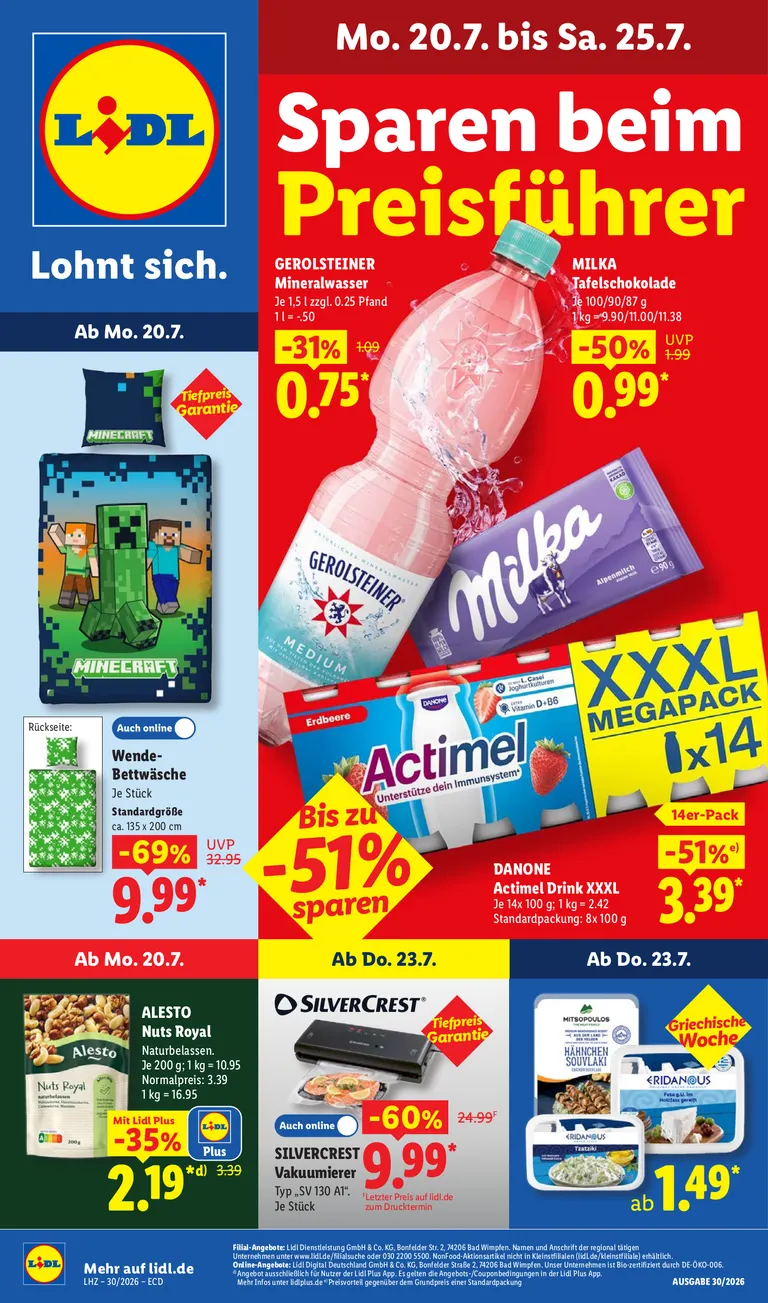 Lidl: Sparen beim Preisführer von 20. Juli bis 25. Juli 2026 - Prospekt seite 1