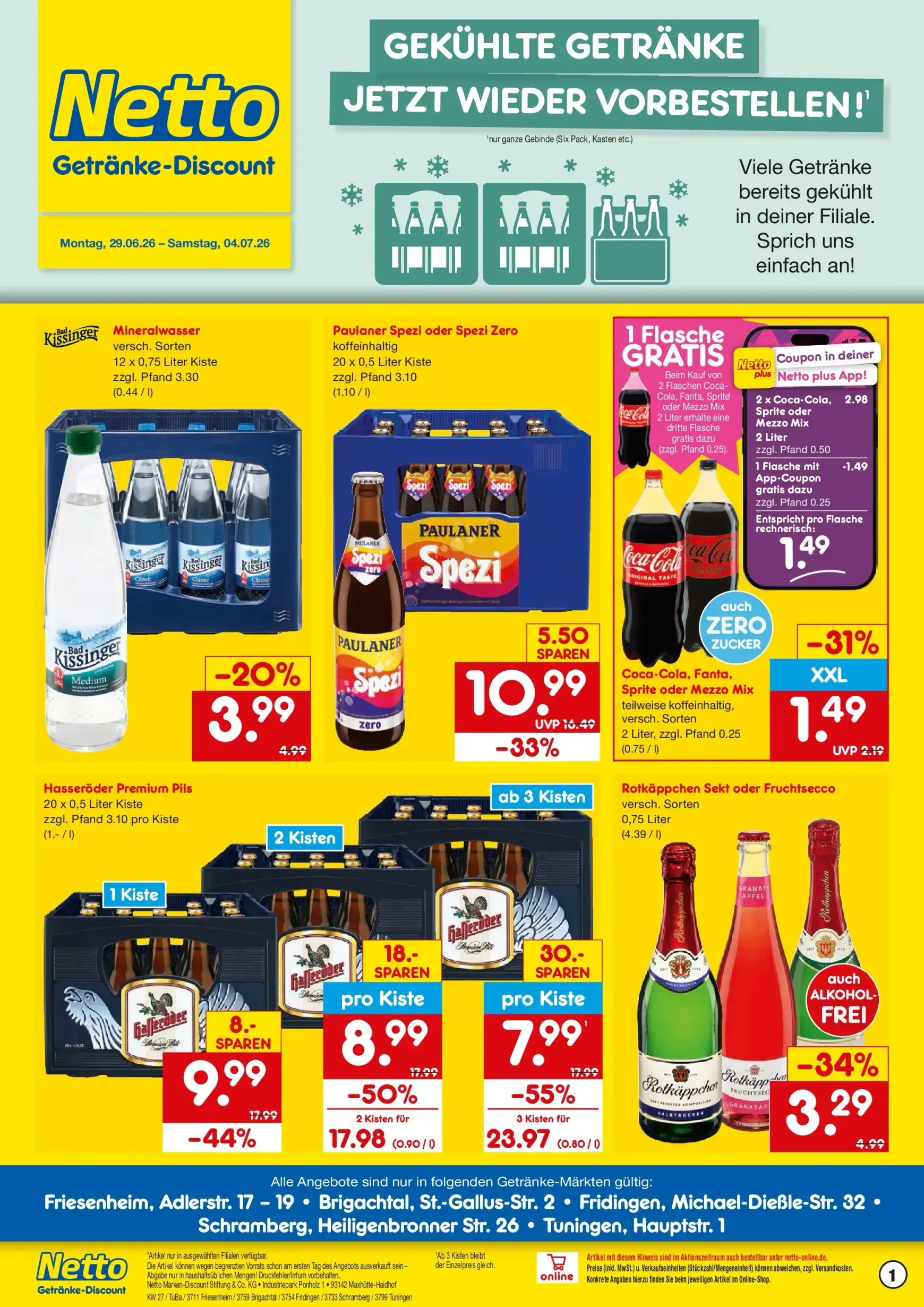Netto Marken Discount - Gekühlte Getränke jetzt wieder vorbestellen Prospekt – von Montag 29.06.2026 bis Samstag 04.07.2026 von 29. Juni bis 4. Juli 2026 - Prospekt seite 1