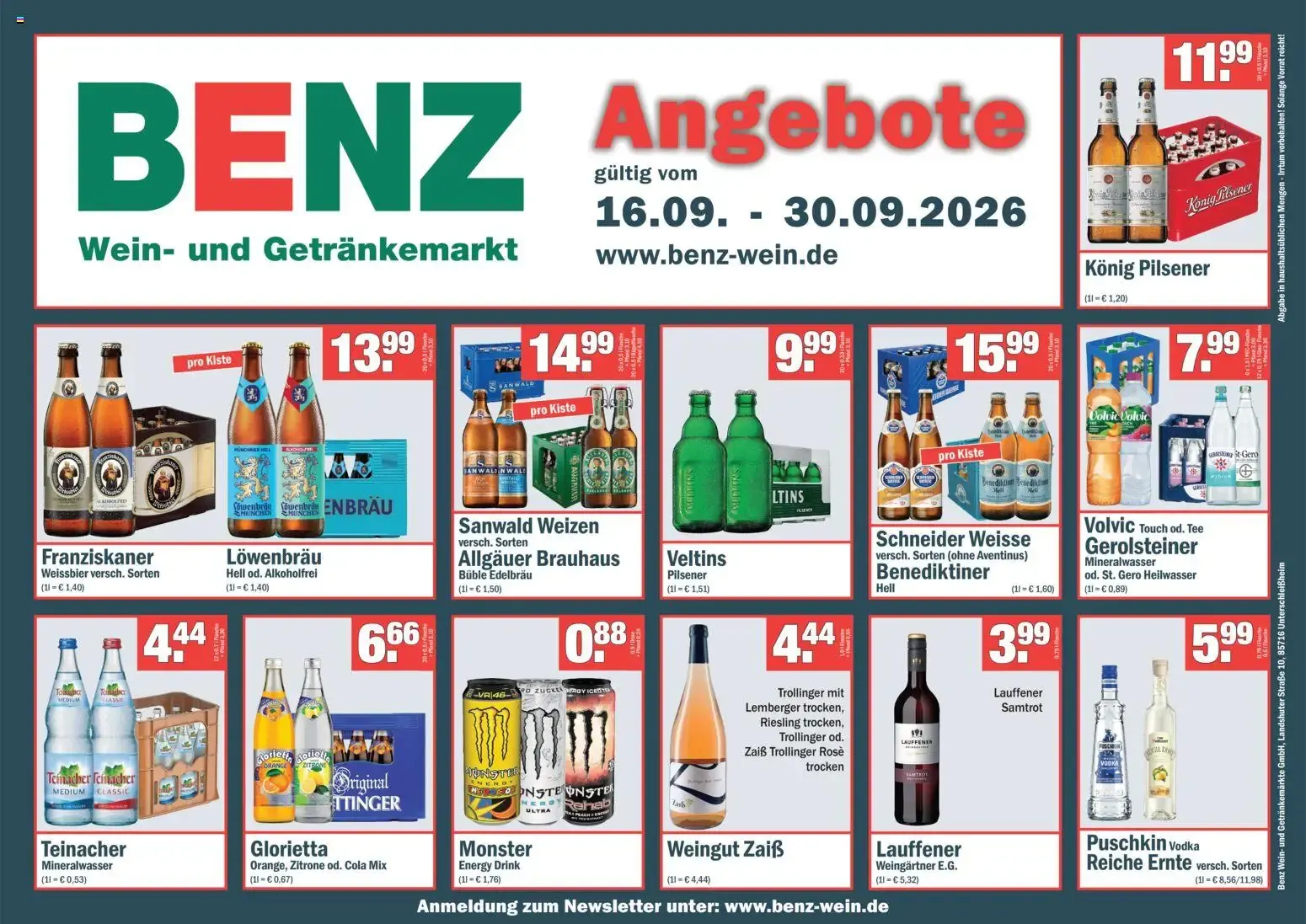 Benz Getränke Prospekt vom 16.09.2026 – Angebote online von 16. September bis 30. September 2026 - Prospekt seite 1