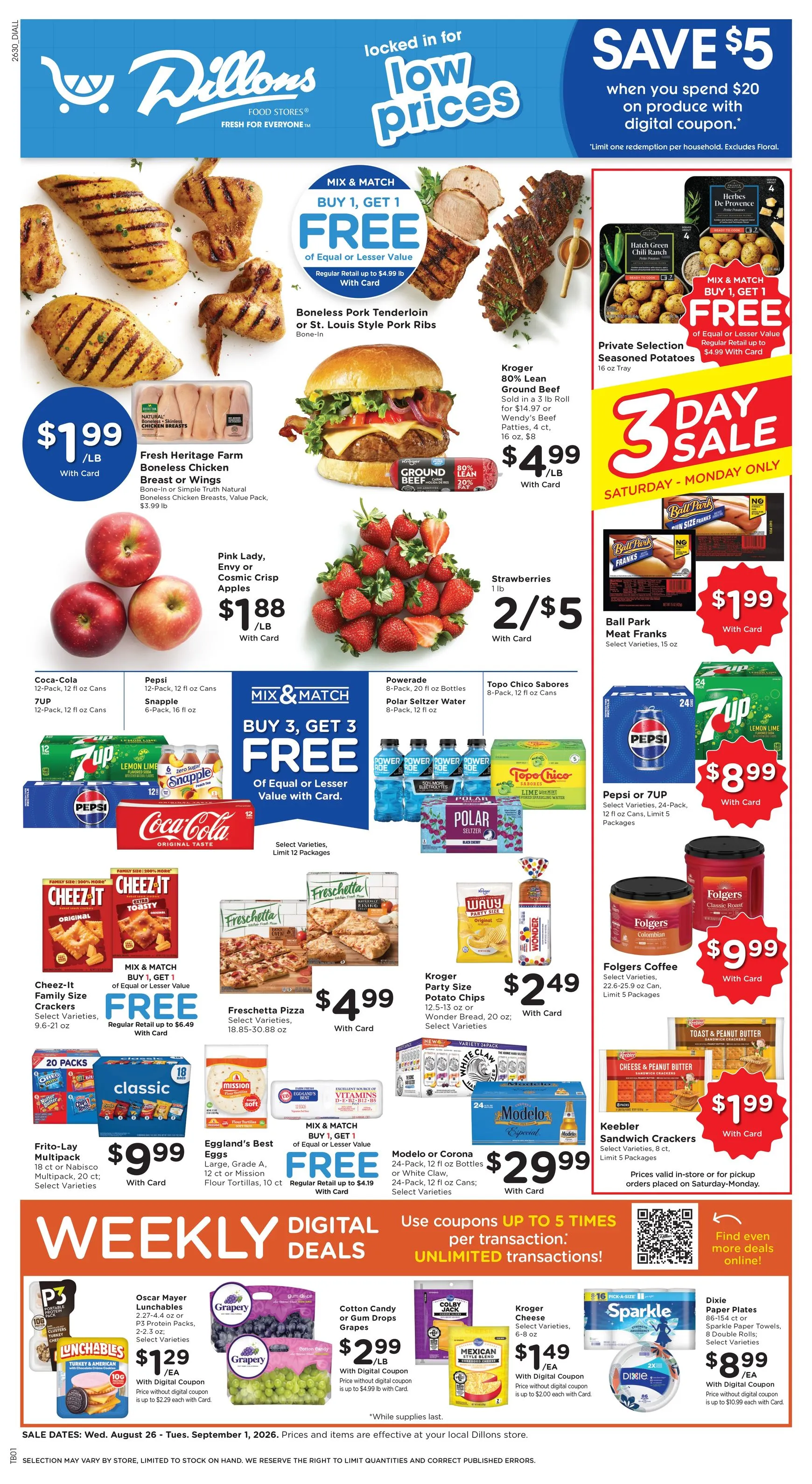 Weekly promotion Current Dillons leaflet valid from Wednesday 08/26/2026 to Tuesday 09/01/2026 spanning from August 26 to September 1 2026 - Page 1 for Catalogue 365