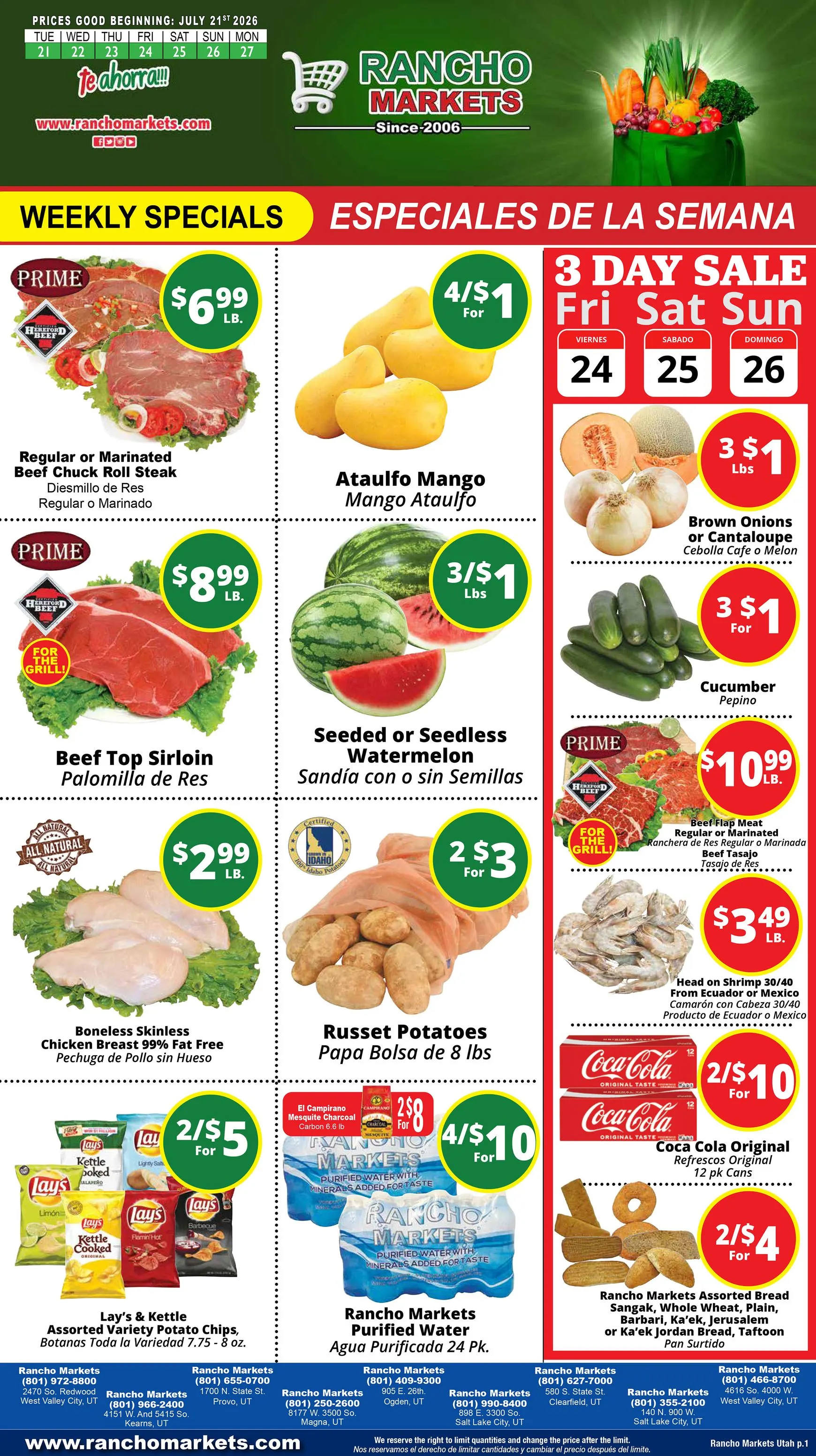 Current Rancho Markets leaflet valid from Tuesday 07/21/2026 to Monday 07/27/2026
