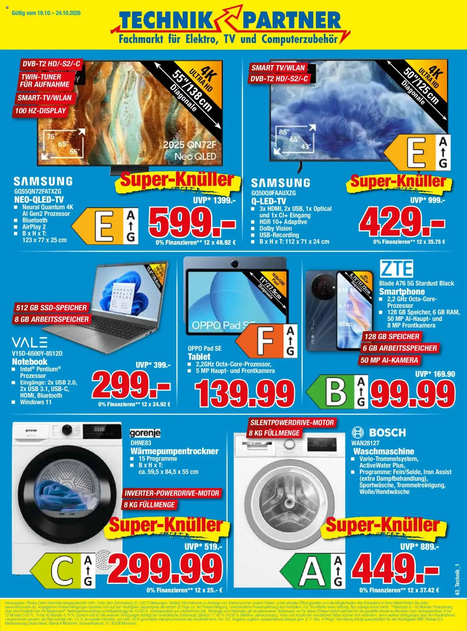 TECHNIK PARTNER Fachmarkt für Elektro, TV und Computerzubehör von 19. Oktober bis 24. Oktober 2026 - Prospekt seite 1
