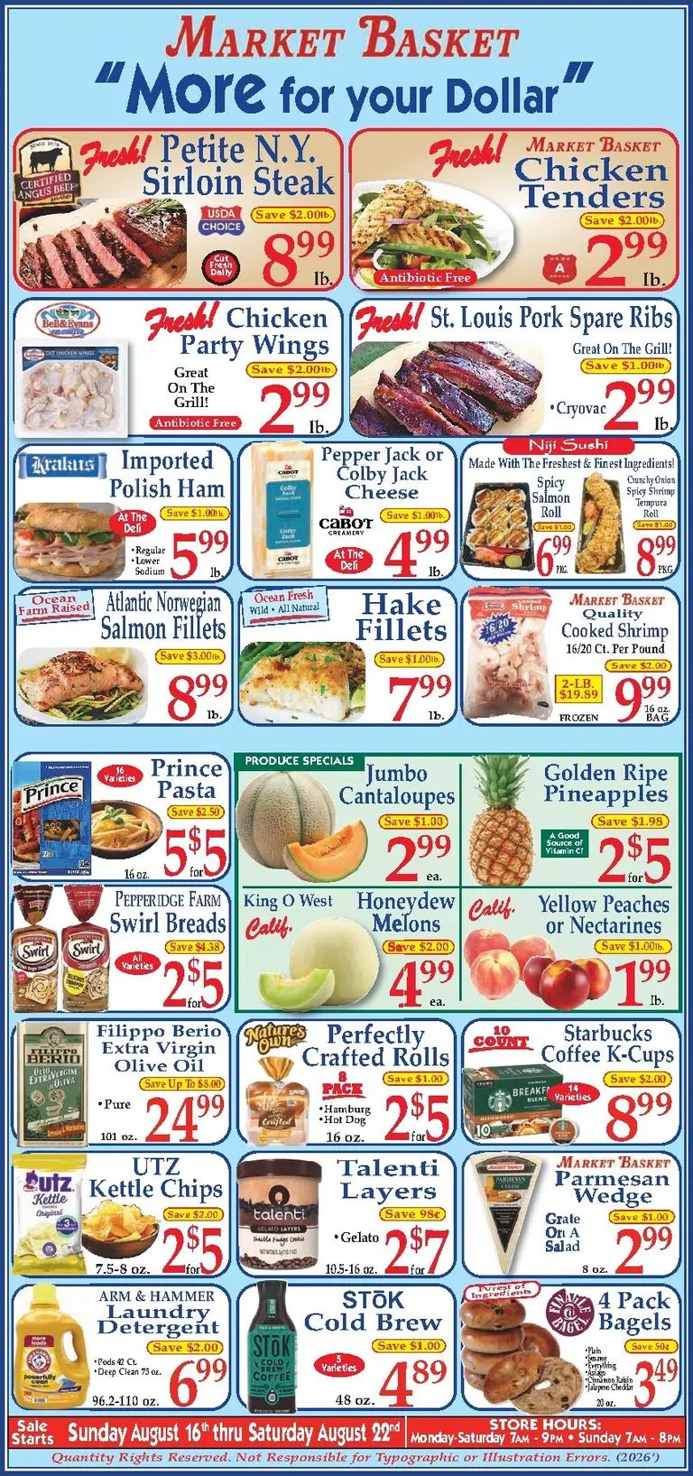 Current Market Basket leaflet valid from Sunday 08/16/2026 to Saturday 08/22/2026
