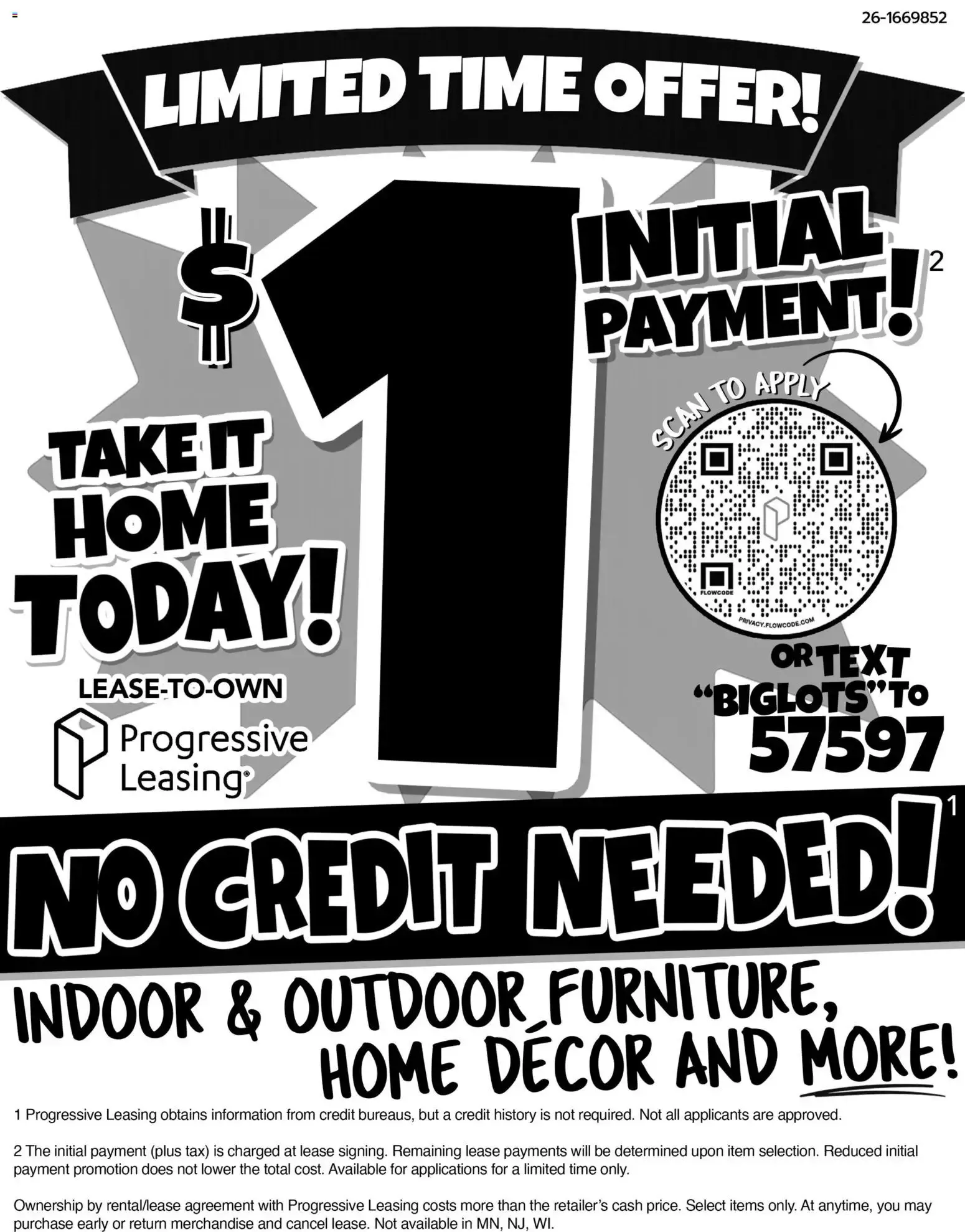 Progressive Leasing: $1 Initial Payment Offer at Big Lots