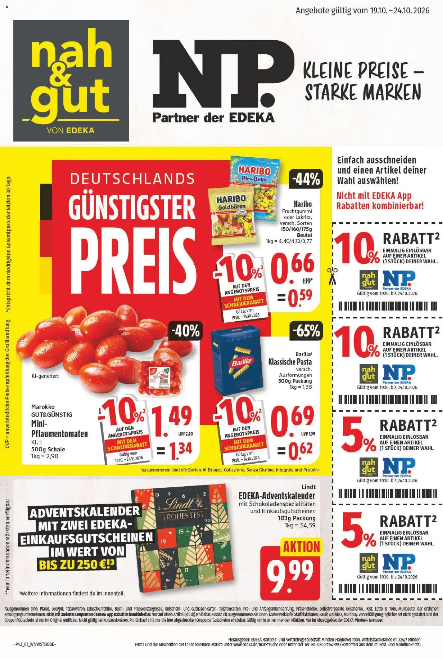 Nah & Gut & NP EDEKA: Prospekt con ofertas destacadas von 19. Oktober bis 24. Oktober 2026 - Prospekt seite 1