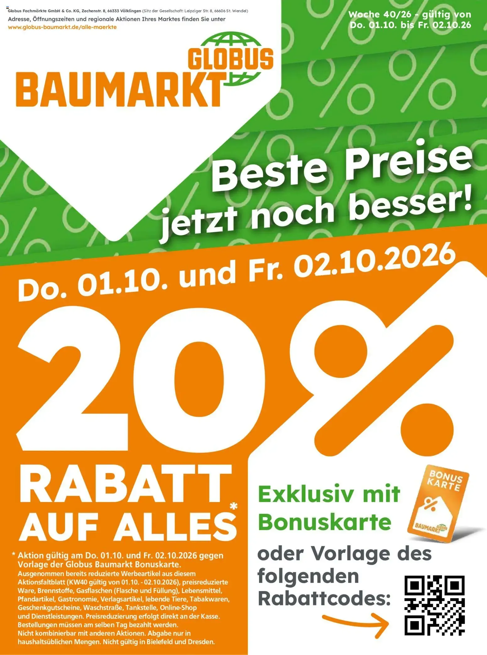 Globus Baumarkt: 20% Rabatt auf alles - Beste Preise jetzt noch besser! von 1. Oktober bis 2. Oktober 2026 - Prospekt seite 1