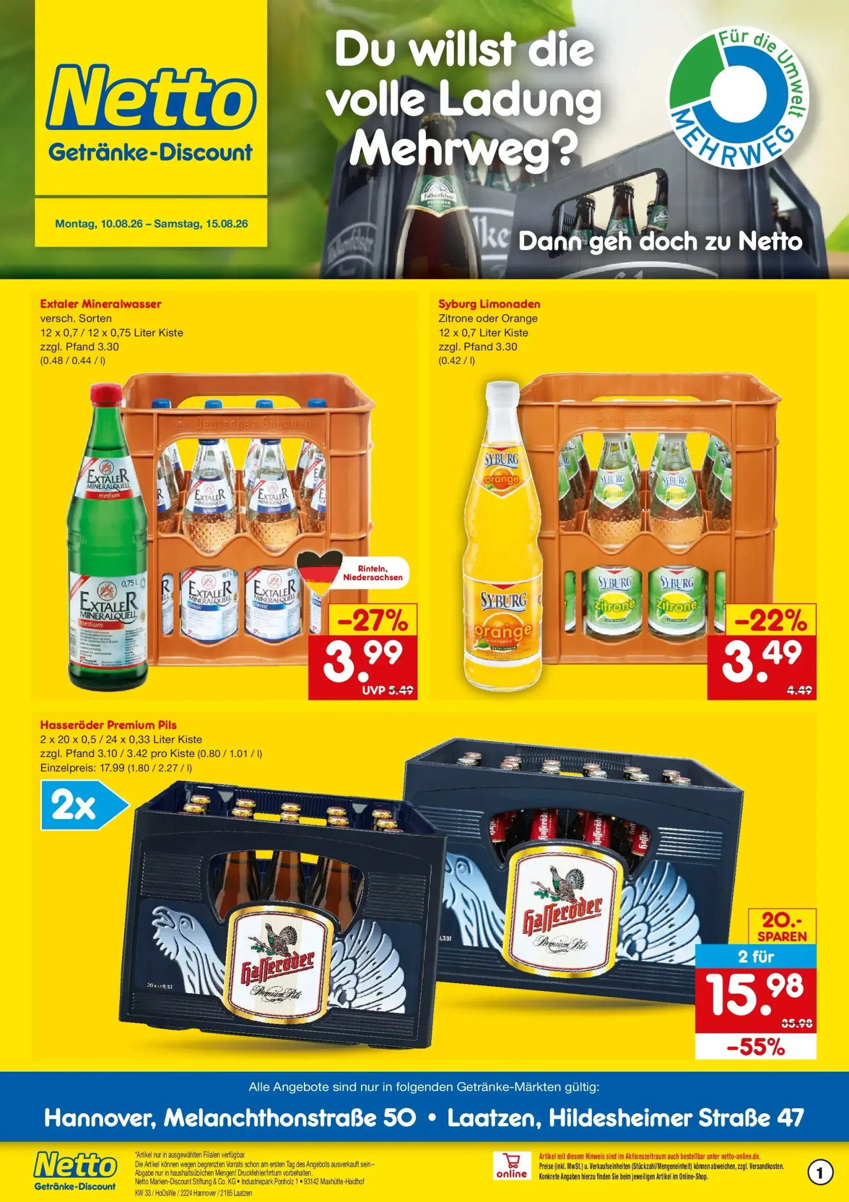 Netto Marken Discount - Hannover, Laatzen Prospekt nächste Woche – von Montag 10.08.2026 bis Samstag 15.08.2026 von 10. August bis 15. August 2026 - Prospekt seite 1