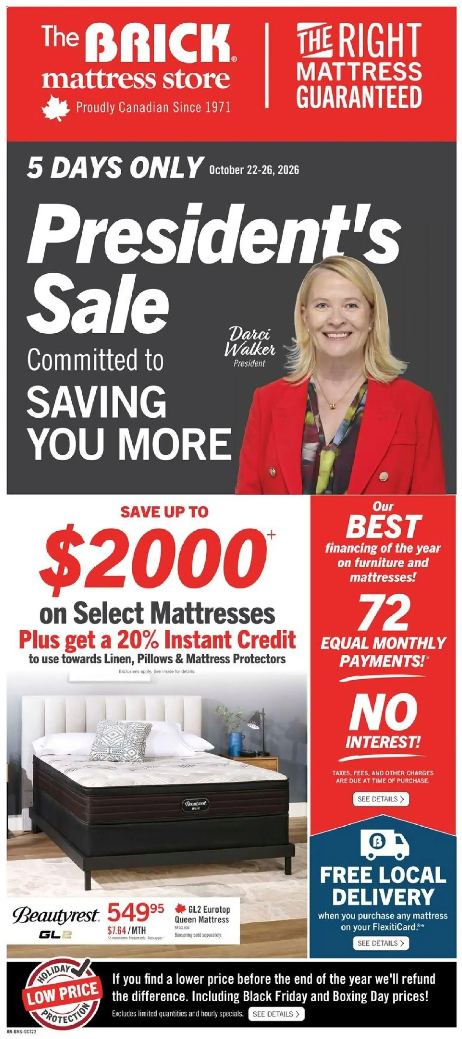 The BRICK mattress store President's Sale from October 22 to October 26 2026 - flyer page 1