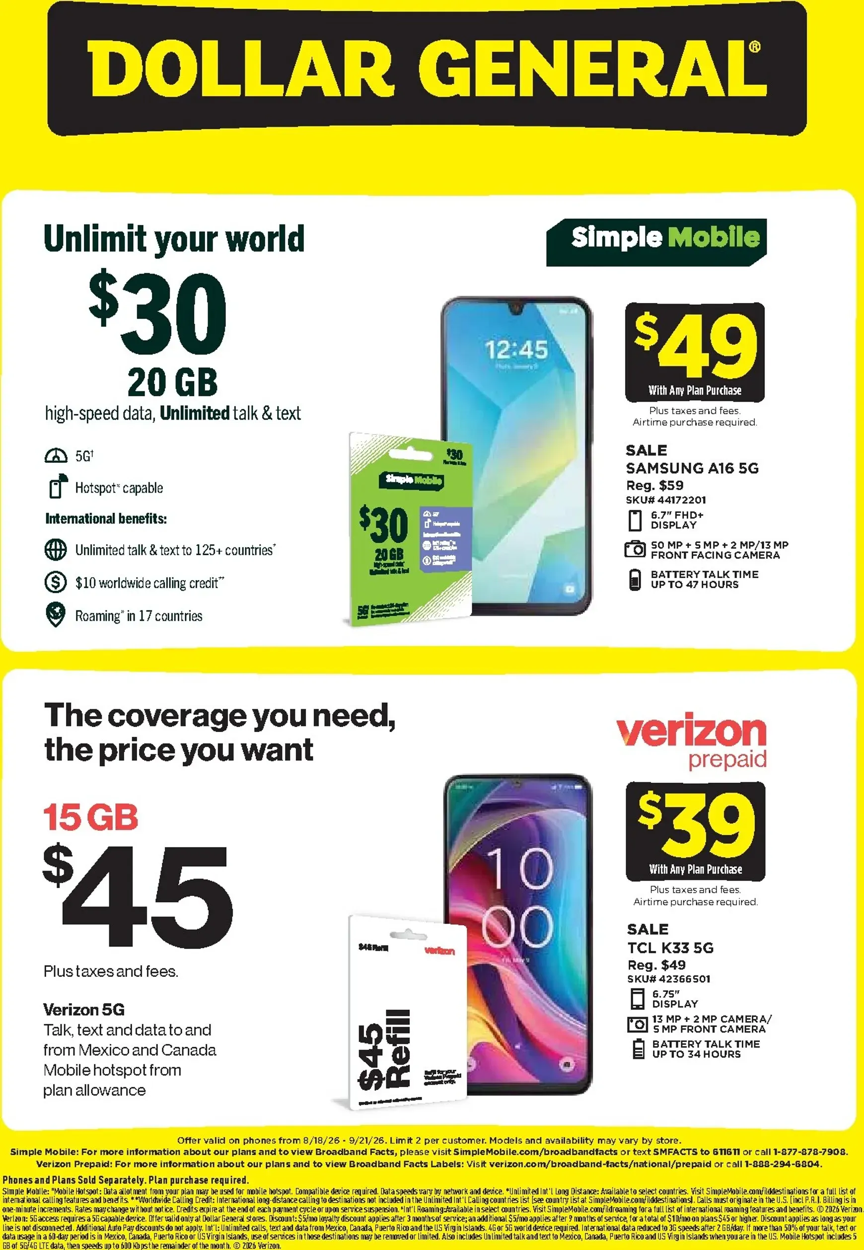 Weekly promotion Dollar General - Wireless Deals flyer for next week from Tuesday 08/18/2026 to Monday 09/21/2026 spanning from August 18 to September 21 2026 - Page 2 for Catalogue 365