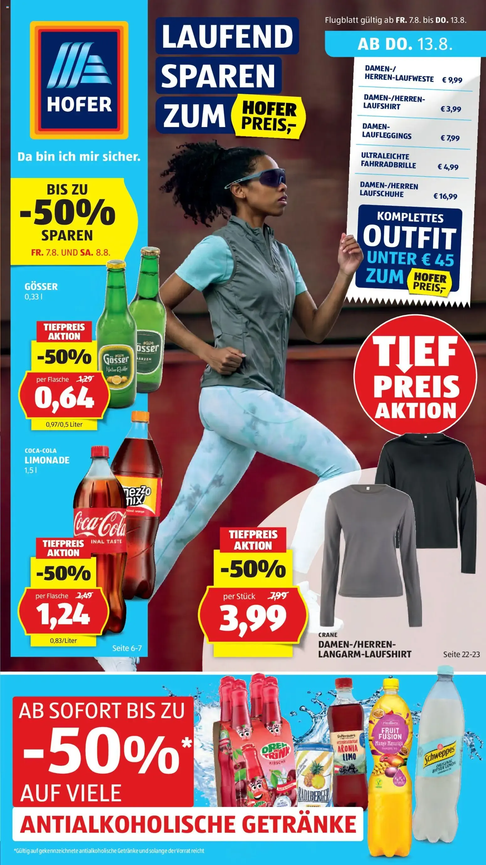 Hofer Flugblatt: Laufend Sparen en Sportartikeln y Bebidas von 7. August bis 13. August 2026 - Flugblätt seite 1