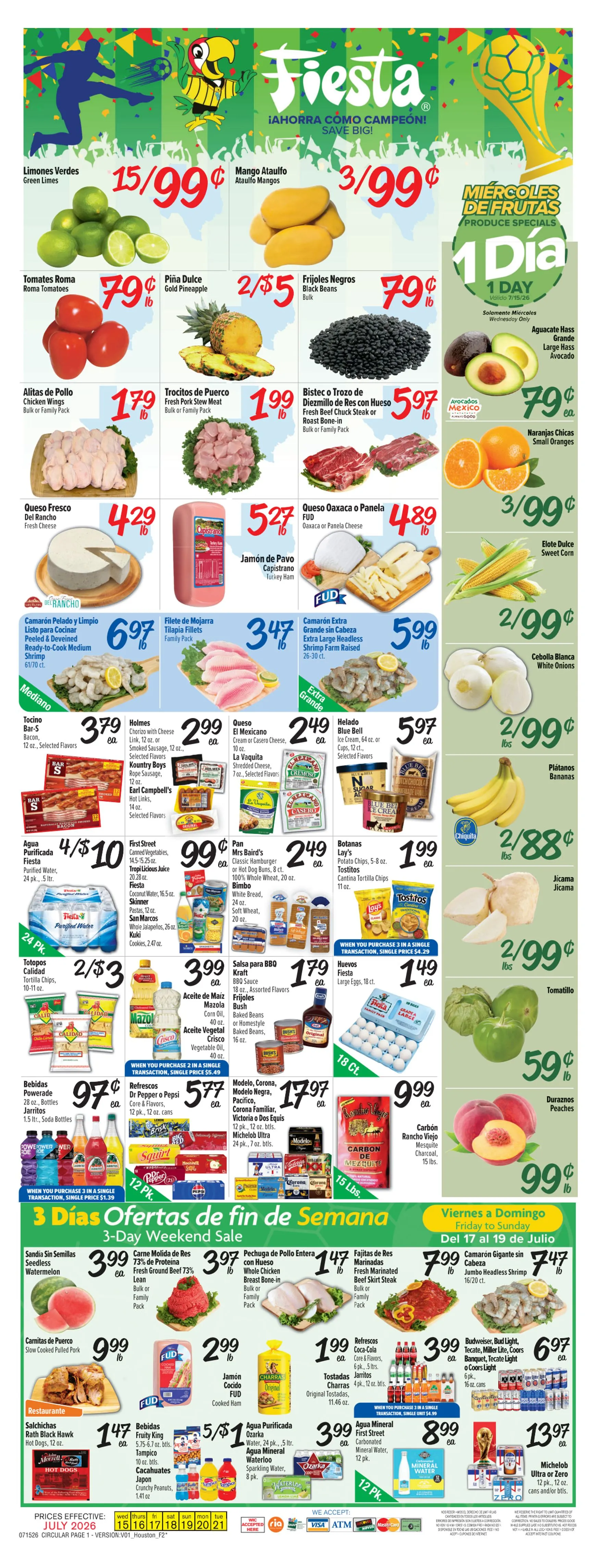 Current Fiesta Mart leaflet valid from Wednesday 07/15/2026 to Tuesday 07/21/2026