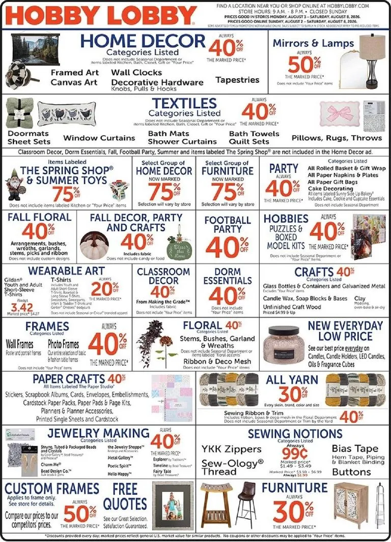 Current Hobby Lobby leaflet valid from Monday 08/03/2026 to Saturday 08/08/2026