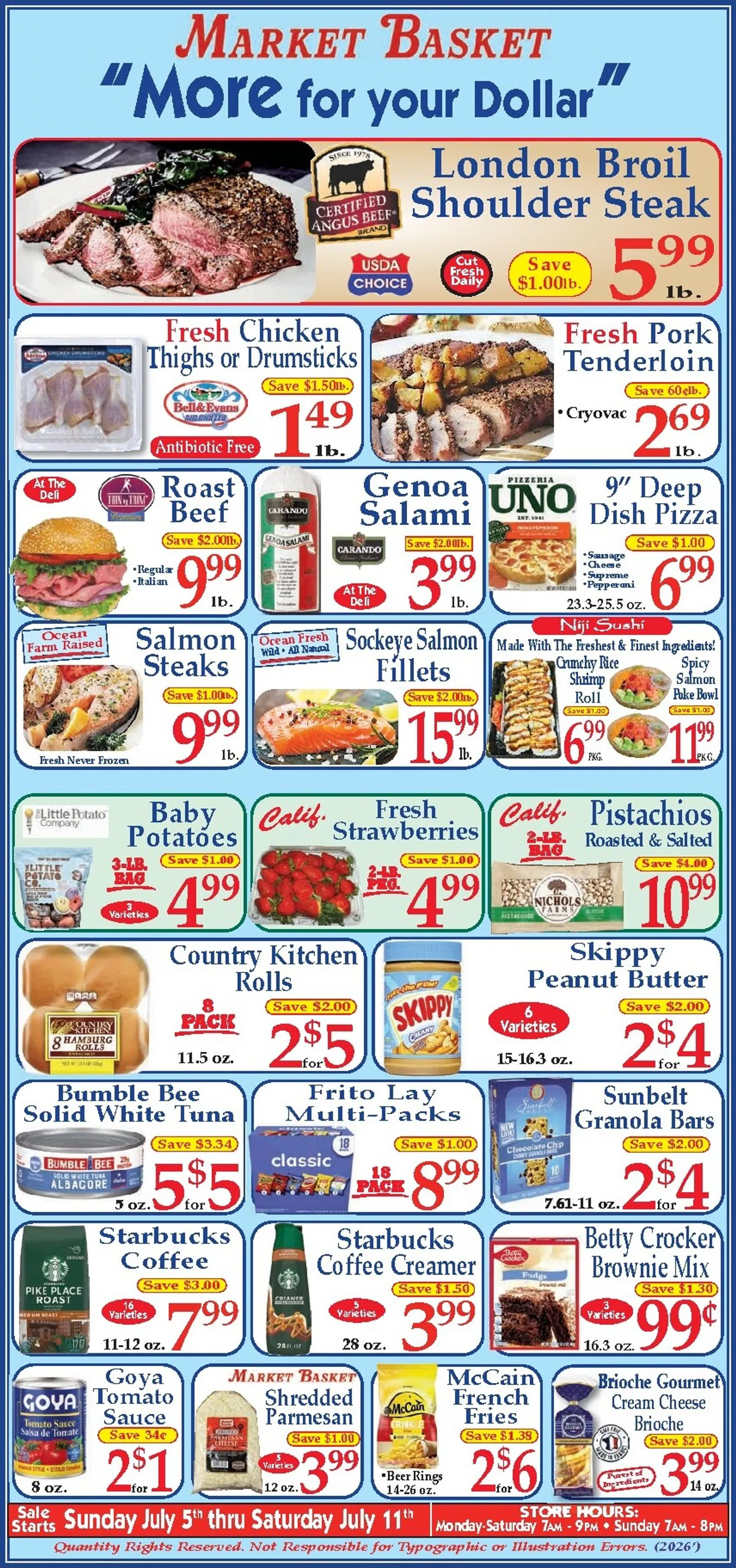 Weekly promotion MARKET BASKET 'More for your Dollar' spanning from July 5 to July 11 2026 - Page 1 for Catalogue 365