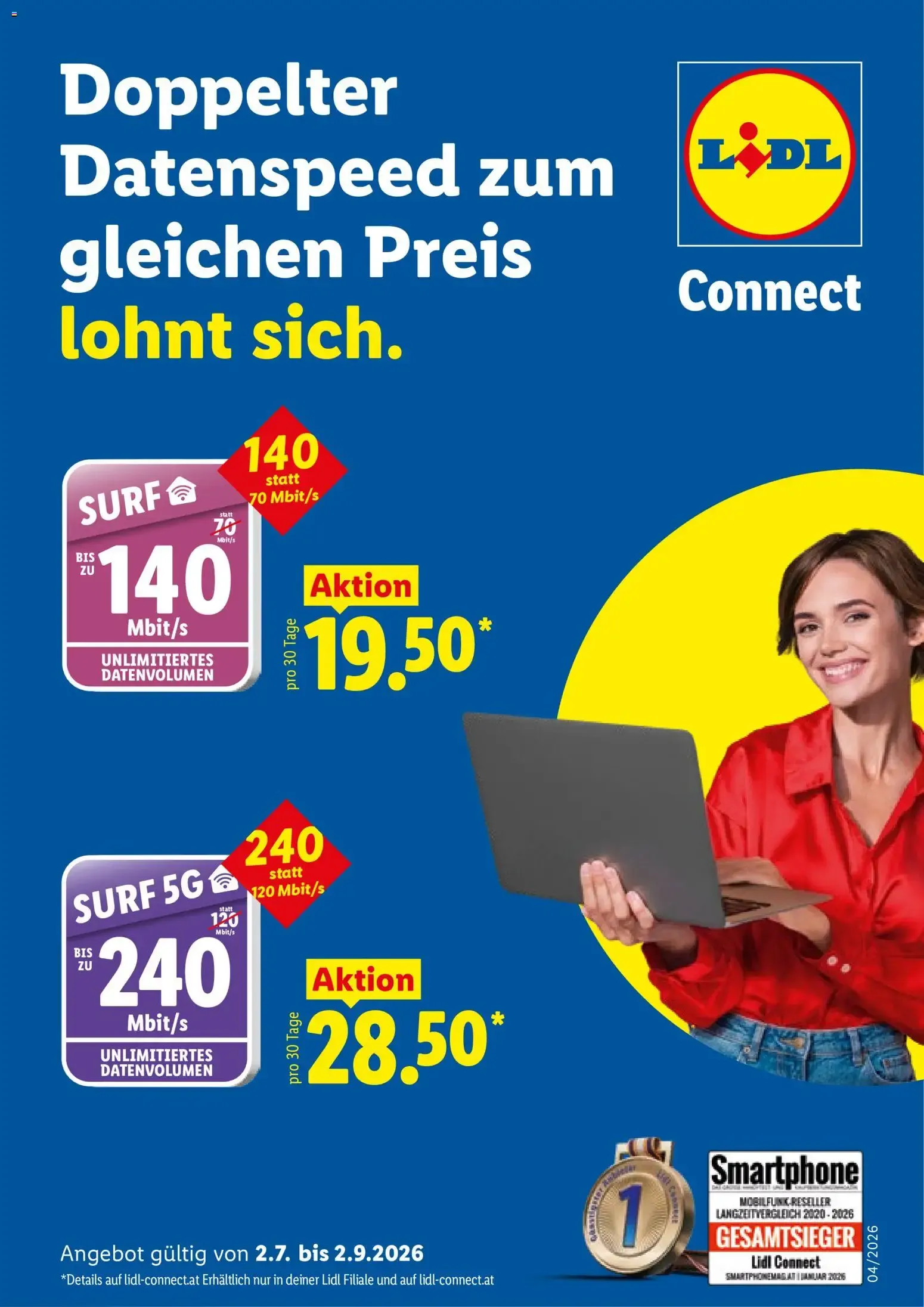 Lidl Connect: Doppelter Datenspeed zum gleichen Preis lohnt sich. von 2. Juli bis 2. September 2026 - Flugblätt seite  1