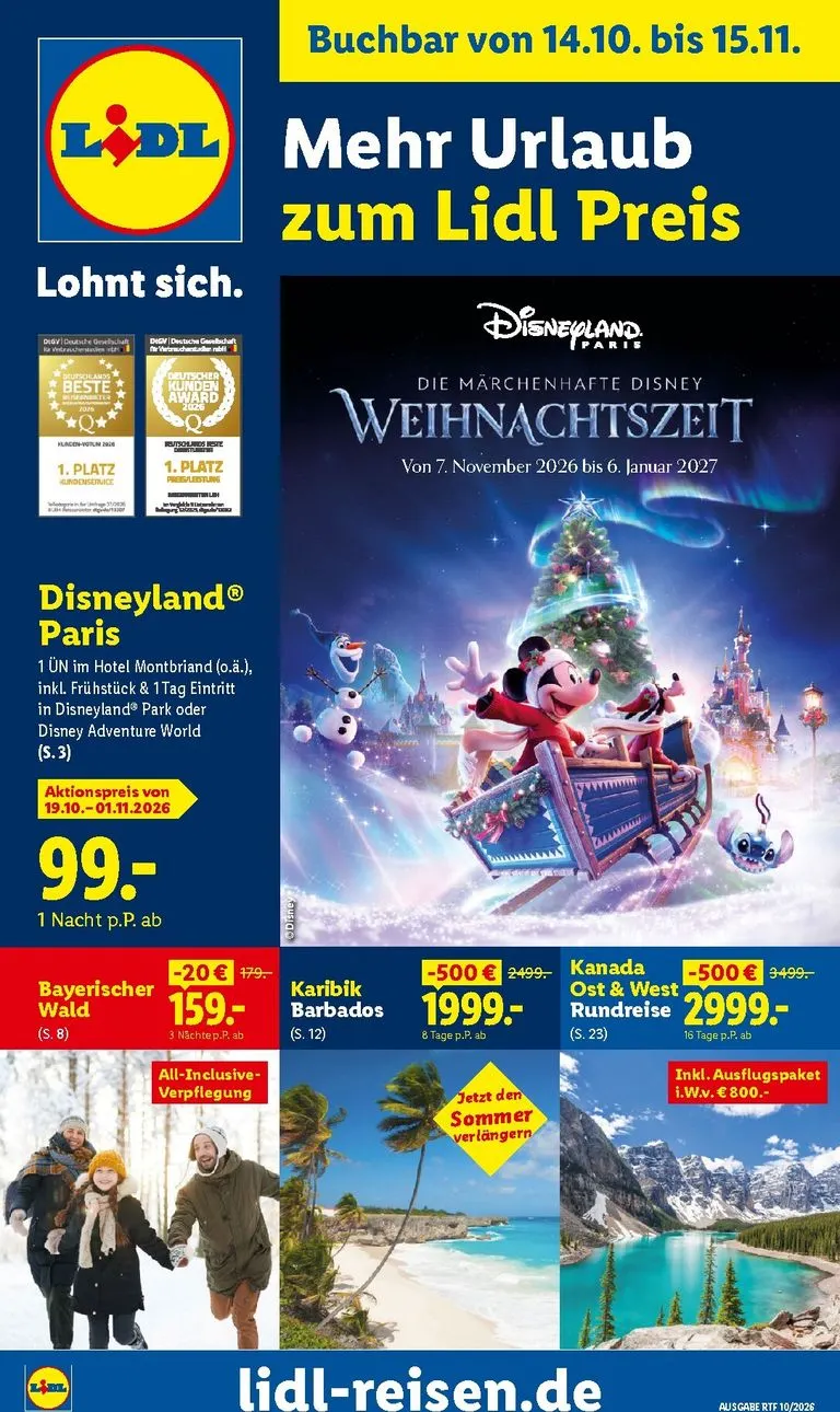 Lidl - Reise-Highlights Prospekt – von Mittwoch 14.10.2026 bis Sonntag 15.11.2026 von 14. Oktober bis 15. November 2026 - Prospekt seite 1