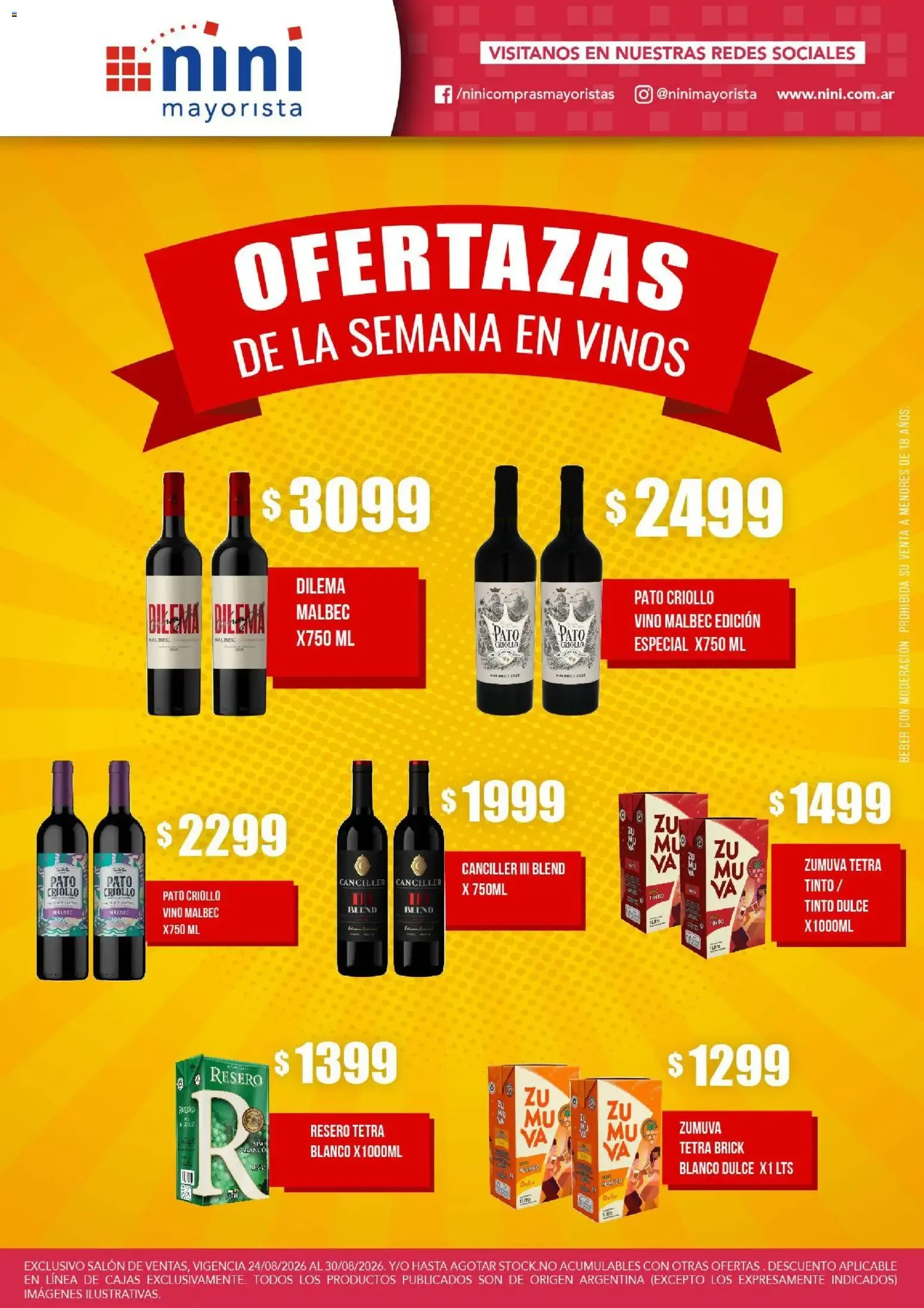 Ofertas de NINI Mayorista OFERTAZAS DE LA SEMANA EN VINO del 24/08/2026 - 30/08/2026 24 de agosto al 30 de agosto 2026 - Página 1 del catálogo