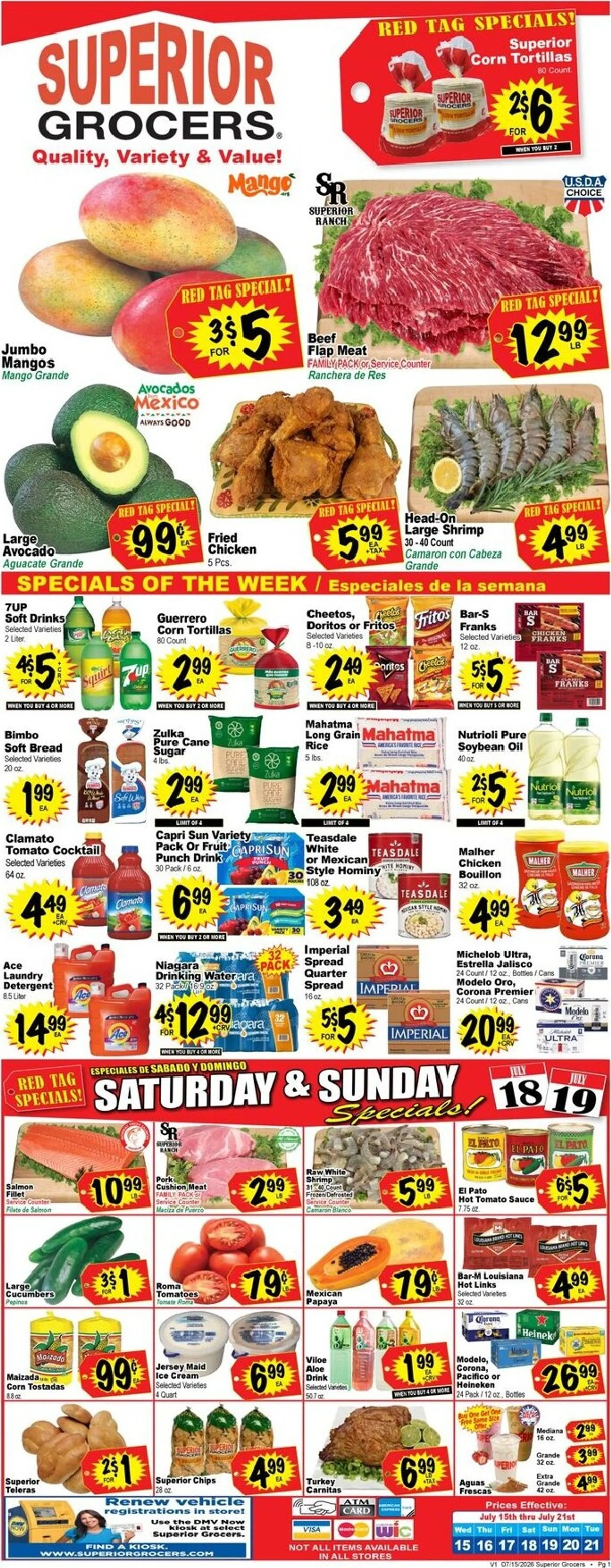 Current Superior Grocers leaflet valid from Wednesday 07/15/2026 to Tuesday 07/21/2026
