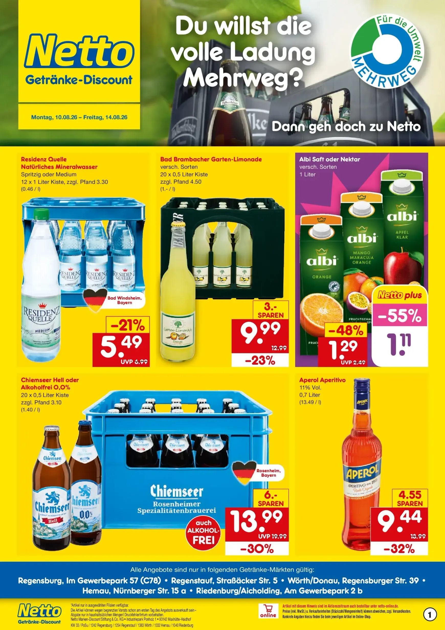 Netto Marken Discount - Regensburg • Regenstauf • Wörth/Donau • Hemau • Riedenburg/Aicholding Prospekt nächste Woche – von Montag 10.08.2026 bis Freitag 14.08.2026 von 10. August bis 14. August 2026 - Prospekt seite 1