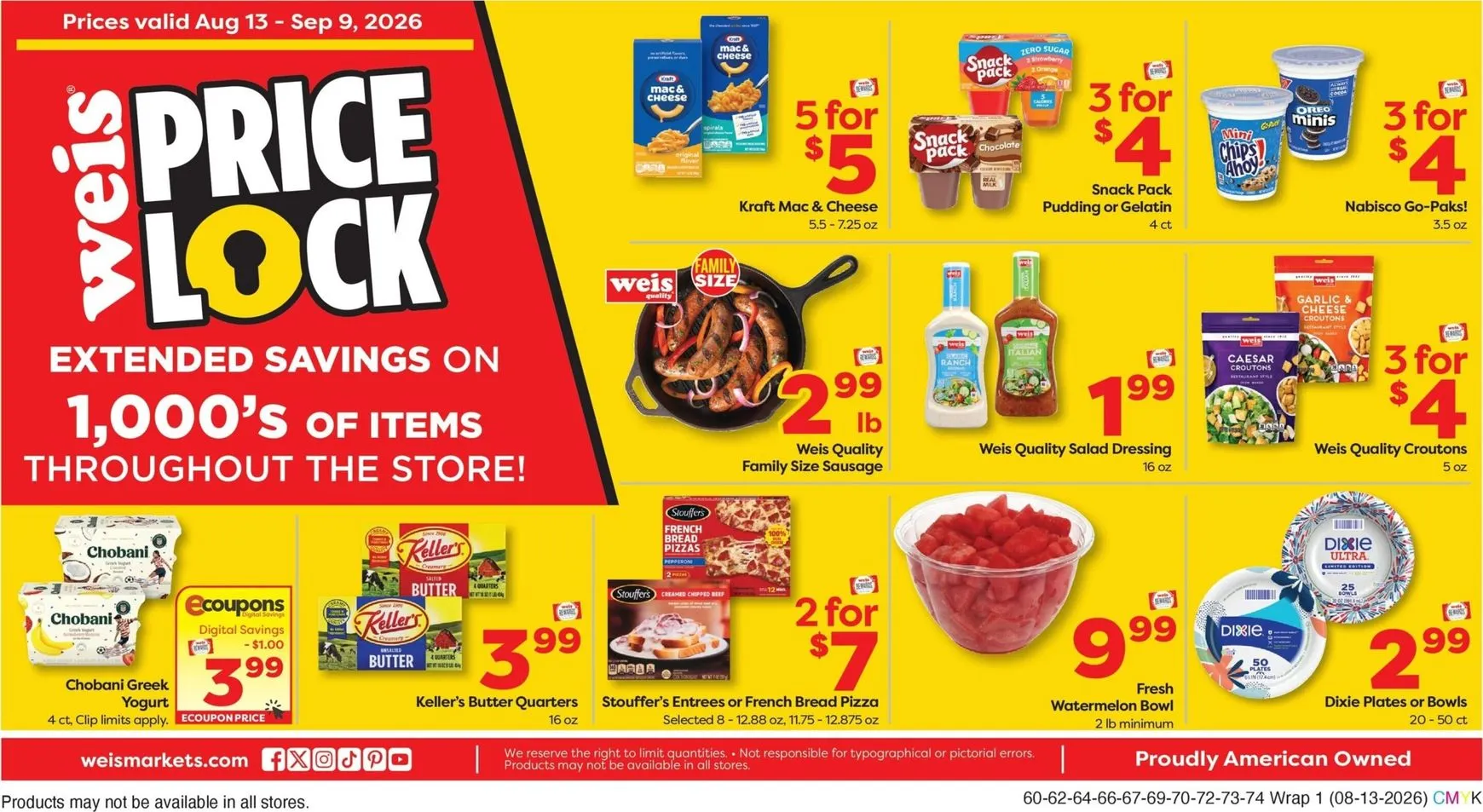 Weekly ad Weis Price Lock: Extended Savings on 1,000's of items from August 13 to September 9 2026 - Page 1