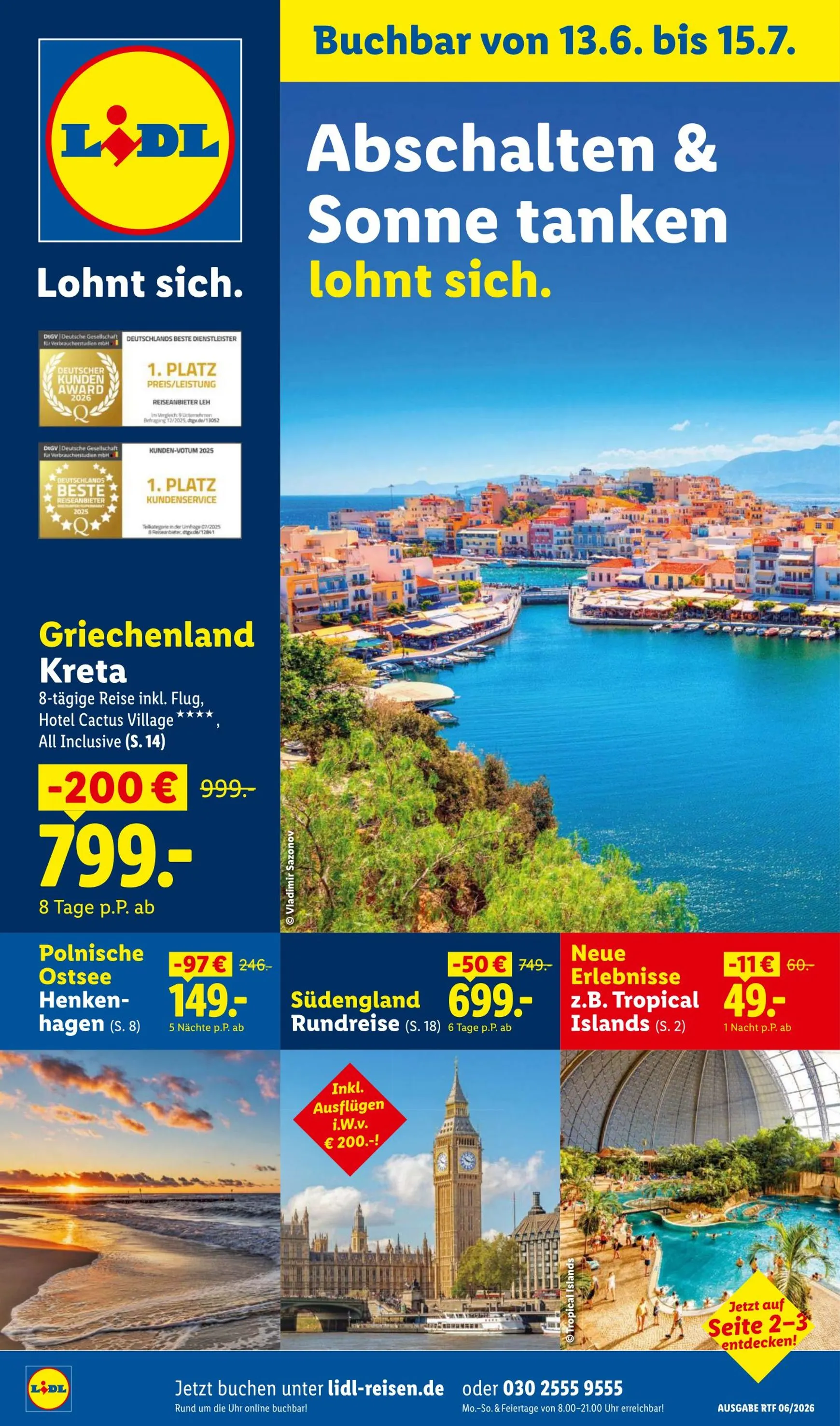 Lidl - Reise Highlights Prospekt – von Donnerstag 11.06.2026 bis Mittwoch 15.07.2026 von 13. Juni bis 15. Juli 2026 - Prospekt seite 1