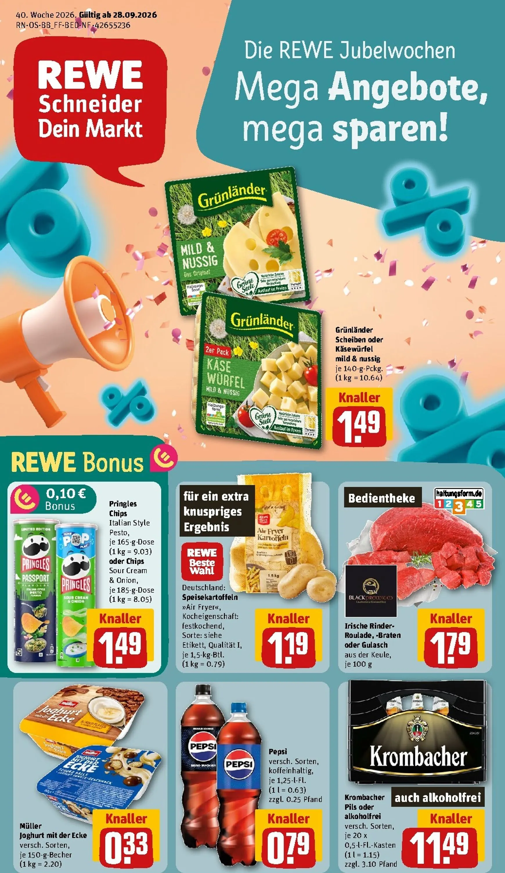 Die REWE Jubelwochen Mega Angebote, mega sparen! von 28. September bis 4. Oktober 2026 - Prospekt seite 1