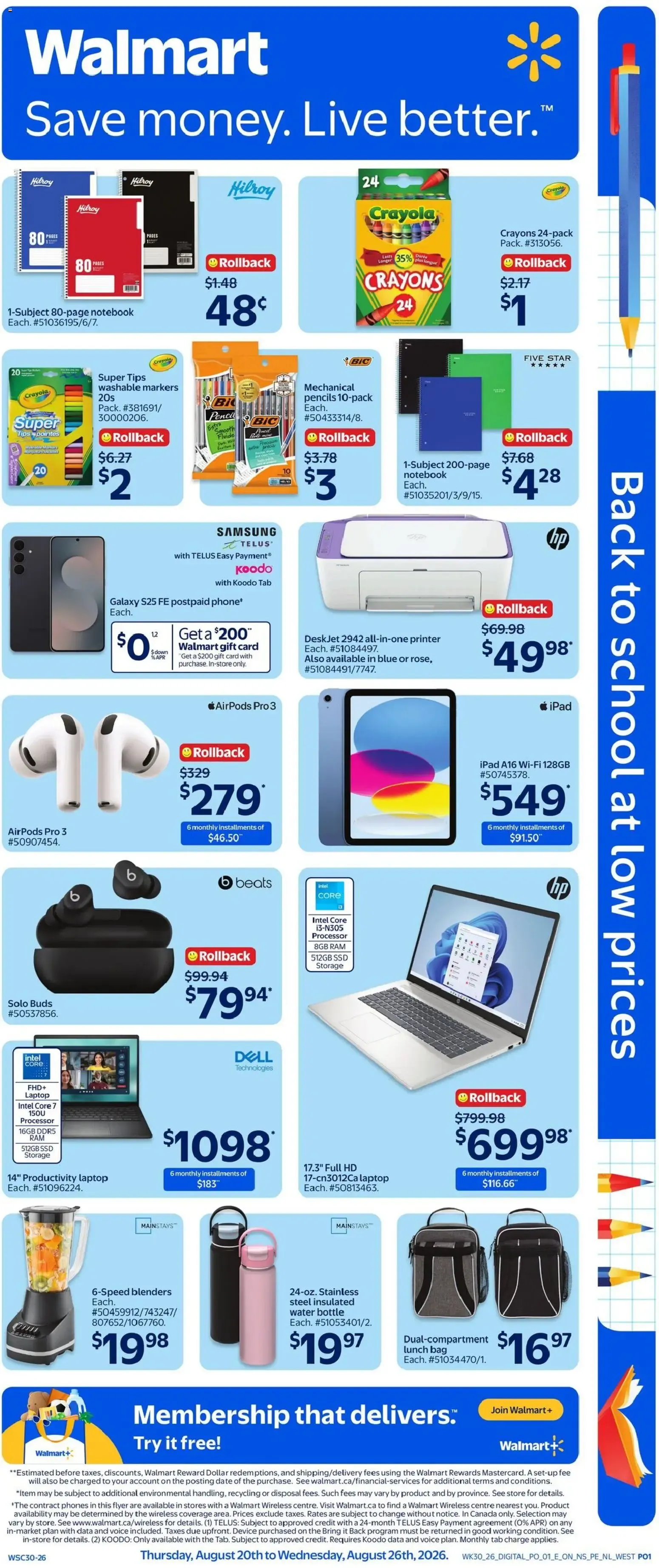 Walmart flyer - Back to school from Aug 20, 2026 > weekly specials & deals from August 20 to August 26 2026 - flyer page 1