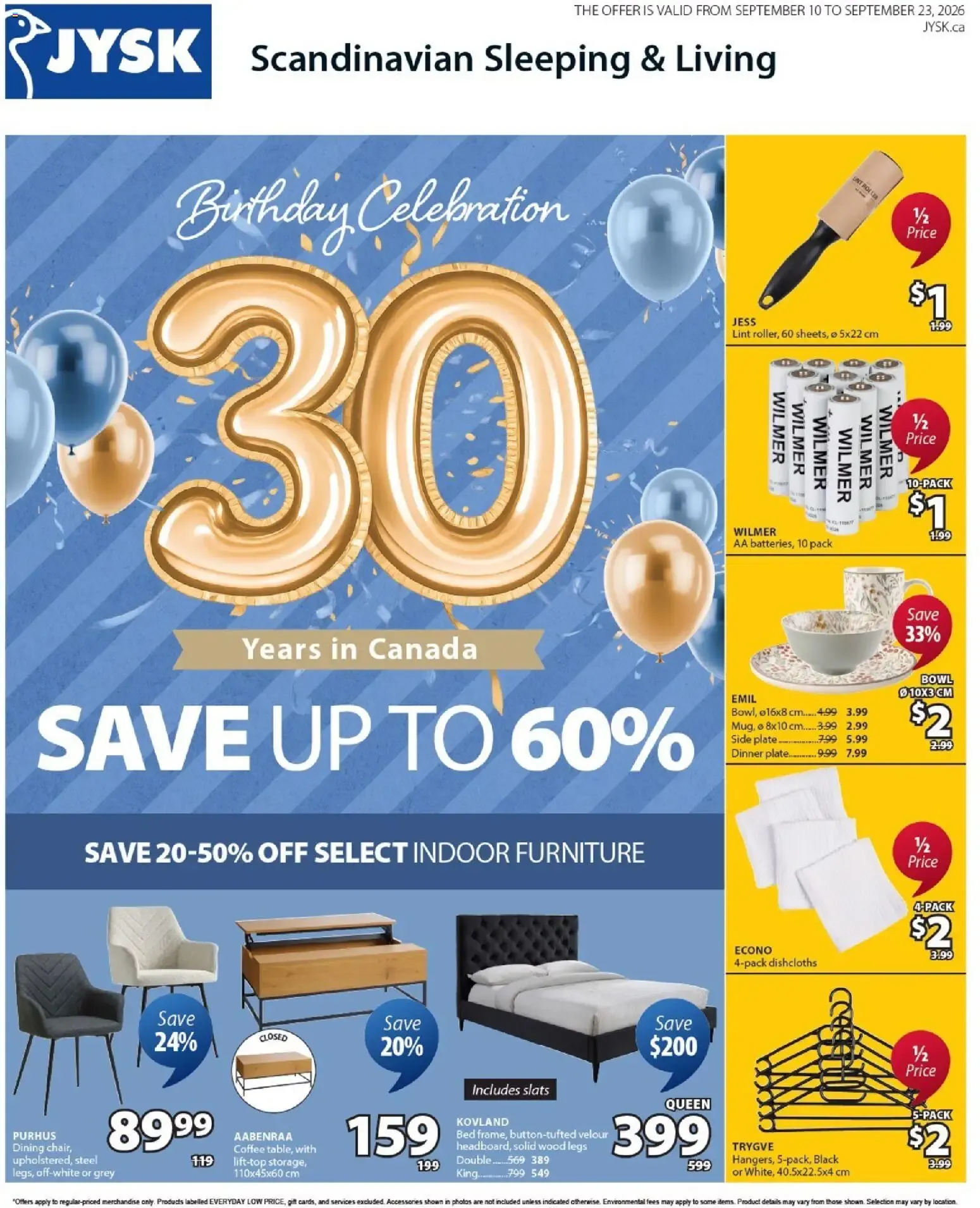 JYSK Birthday Celebration: 30 Years in Canada - Up to 60% Off from September 10 to September 23 2026 - flyer page 1