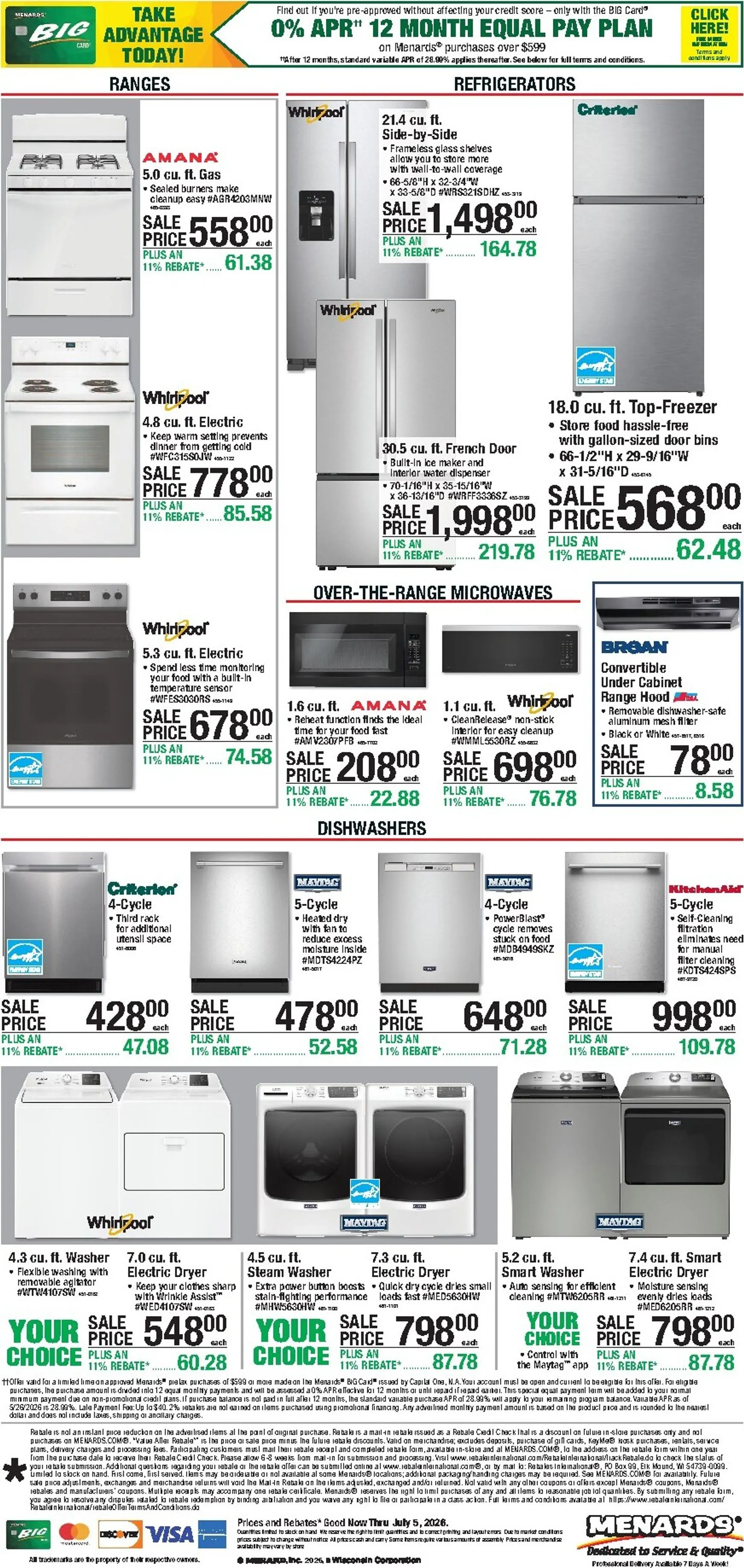 Current Menards - Appliance Event leaflet valid from Wednesday 06/24/2026 to Sunday 07/05/2026