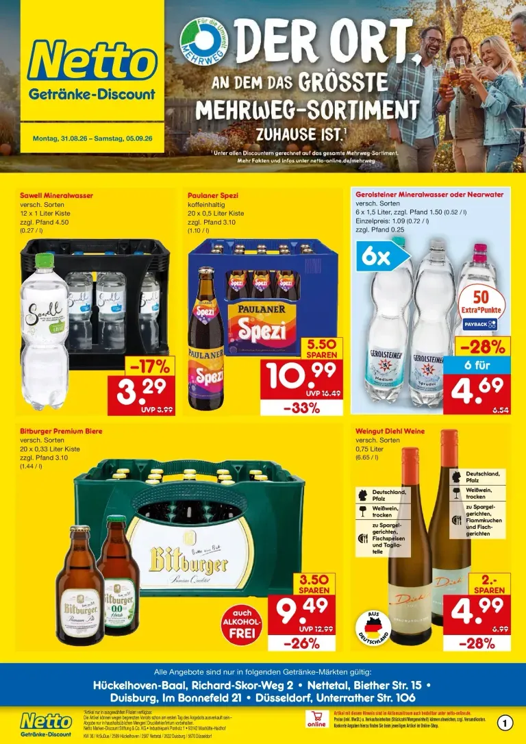 Netto Marken Discount - Hückelhoven-Baal, Nettetal, Duisburg, Düsseldorf Prospekt – von Montag 31.08.2026 bis Samstag 05.09.2026 von 31. August bis 5. September 2026 - Prospekt seite 1
