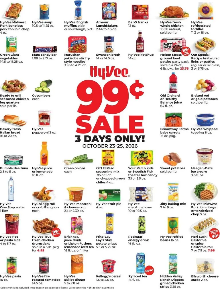 Current Hy Vee - 3 Days 99¢ Sale leaflet valid from Friday 10/23/2026 to Sunday 10/25/2026