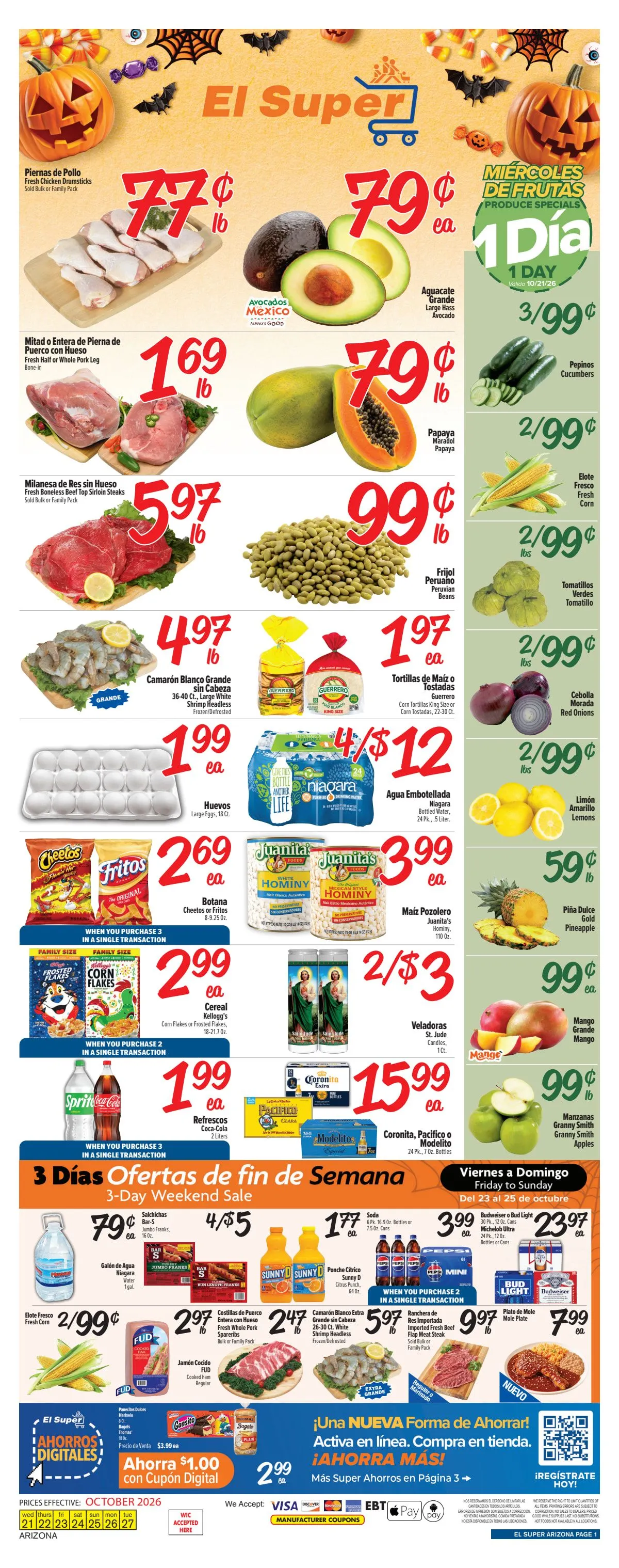 Weekly promotion Current El Super - Arizona leaflet valid from Wednesday 10/21/2026 to Tuesday 10/27/2026 spanning from October 21 to October 27 2026 - Page 1 for Catalogue 365