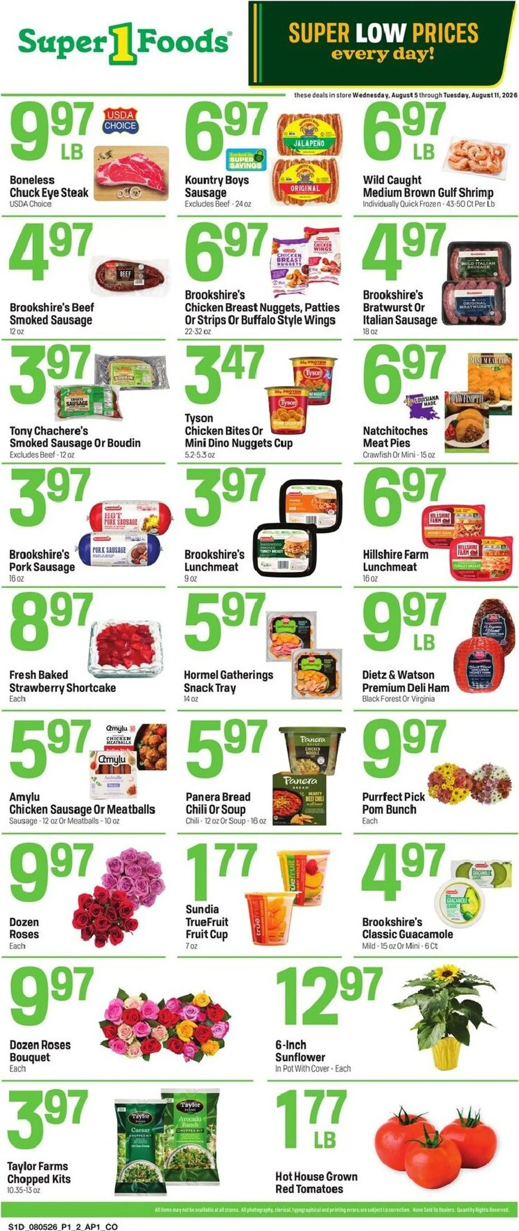Current Super 1 Foods - Hot Sheet Weekly leaflet valid from Wednesday 08/05/2026 to Tuesday 08/11/2026
