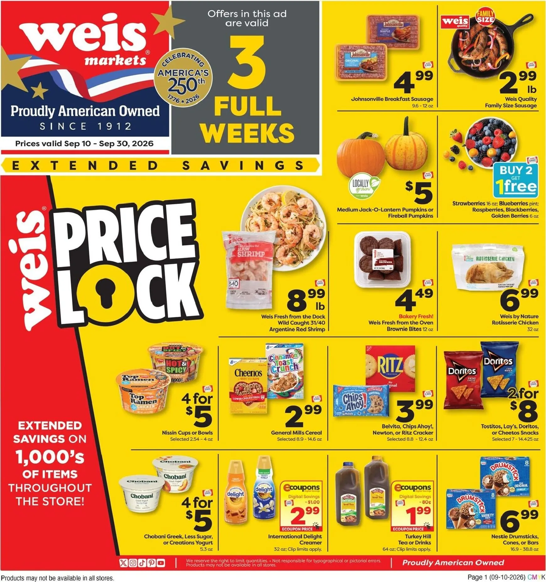 Weekly ad Current Weis Markets - Extended Savings leaflet valid from Thursday 09/10/2026 to Wednesday 09/30/2026 from September 10 to September 30 2026 - Page 1