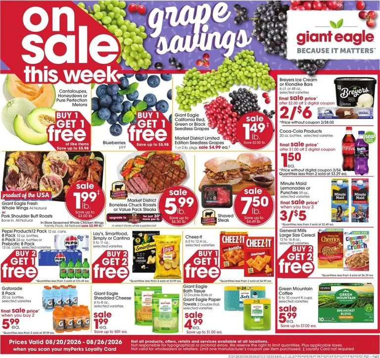 Weekly promotion Current Giant Eagle leaflet valid from Thursday 08/20/2026 to Wednesday 08/26/2026 spanning from August 20 to August 26 2026 - Page 1 for Catalogue 365