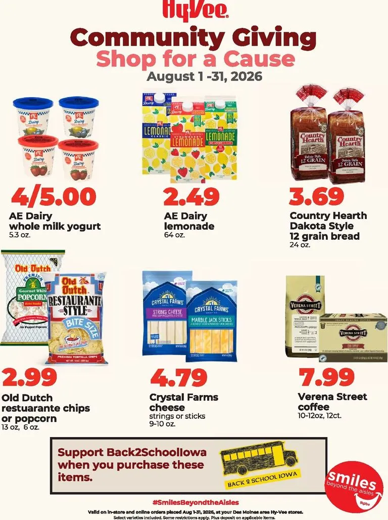 Weekly ad Current Hy Vee - Community Giving leaflet valid from Saturday 08/01/2026 to Monday 08/31/2026 from August 1 to August 31 2026 - Page 1